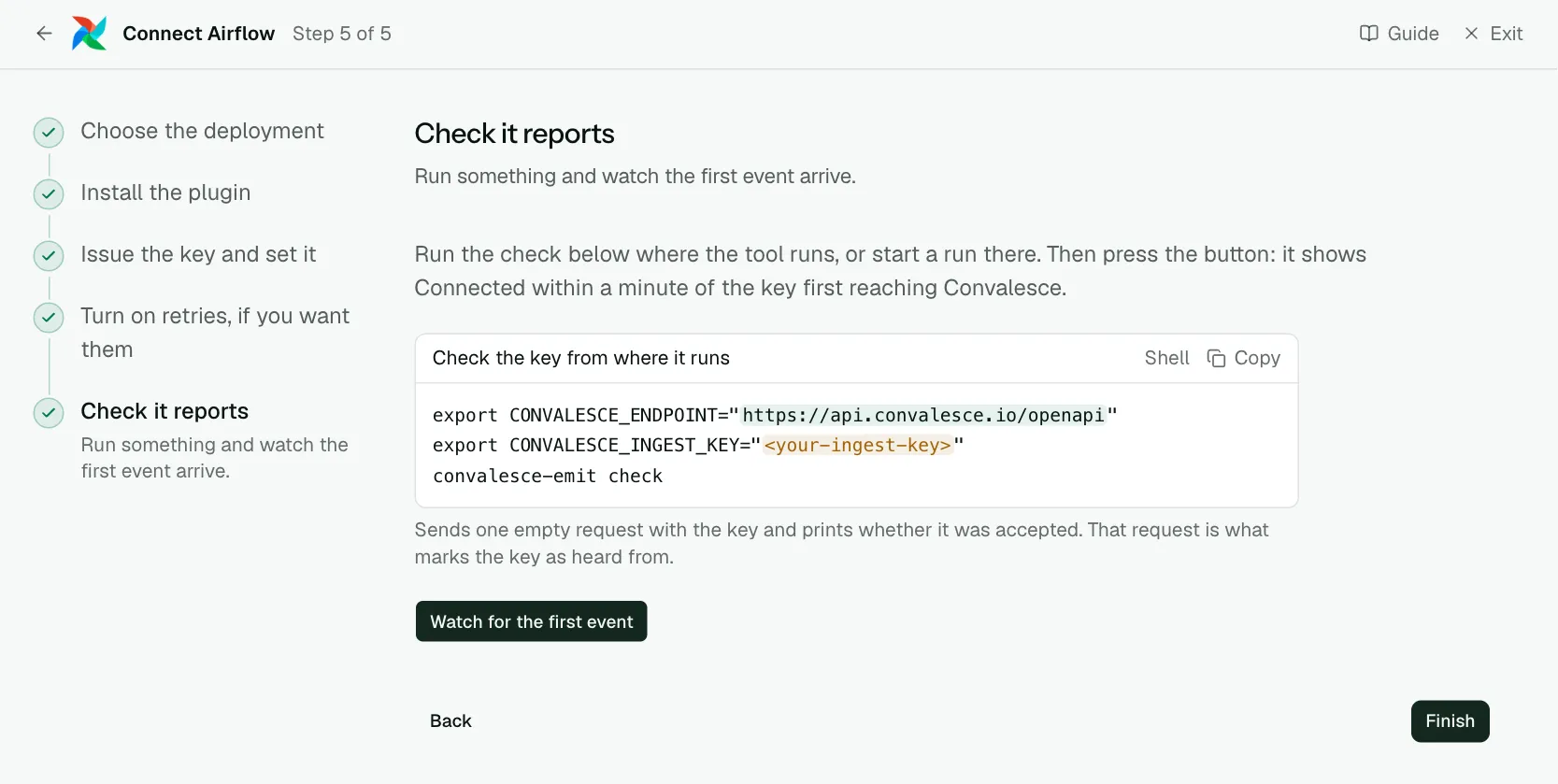The "Check it reports" step of the connect screen