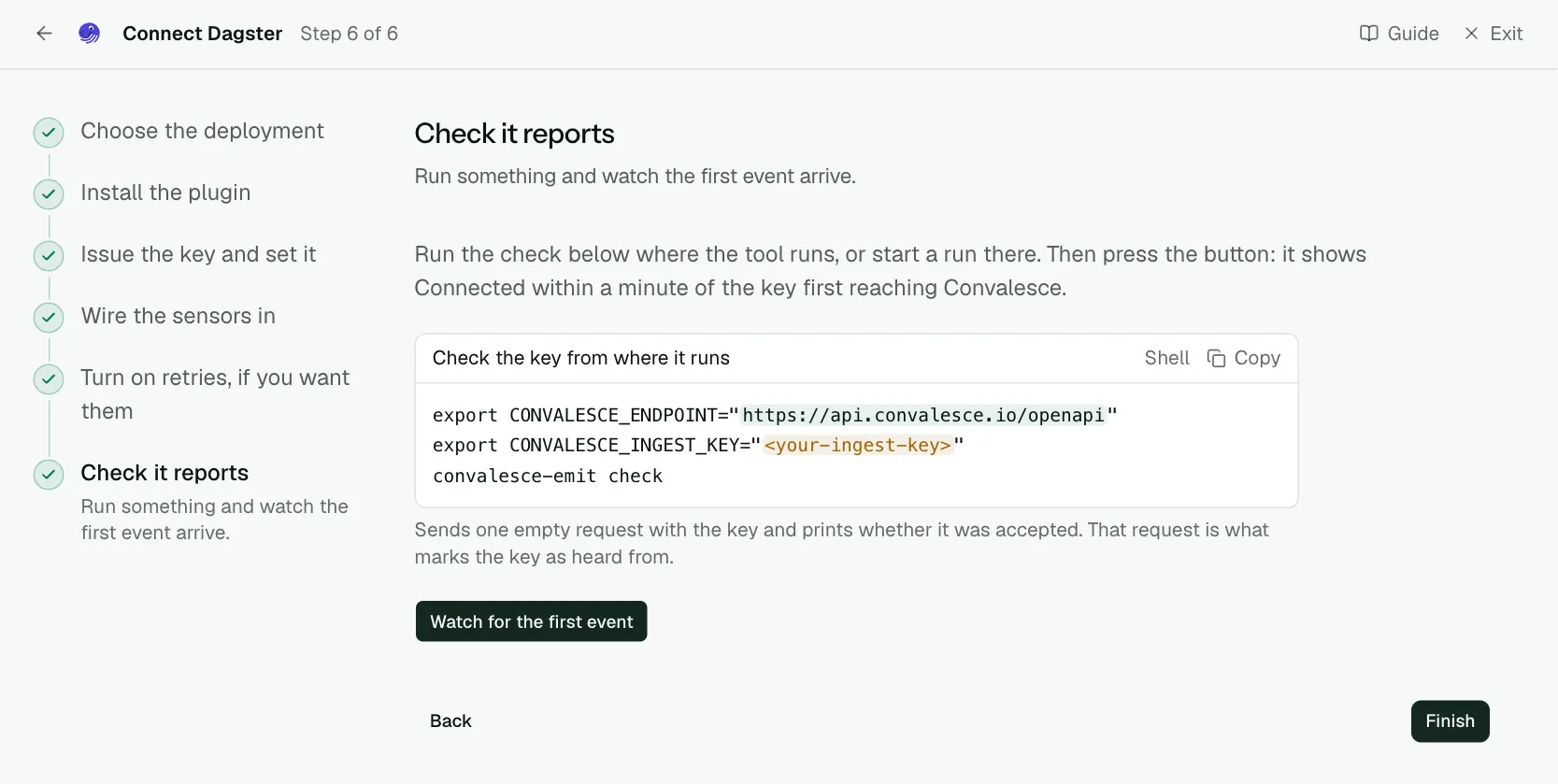 The "Check it reports" step of the connect screen