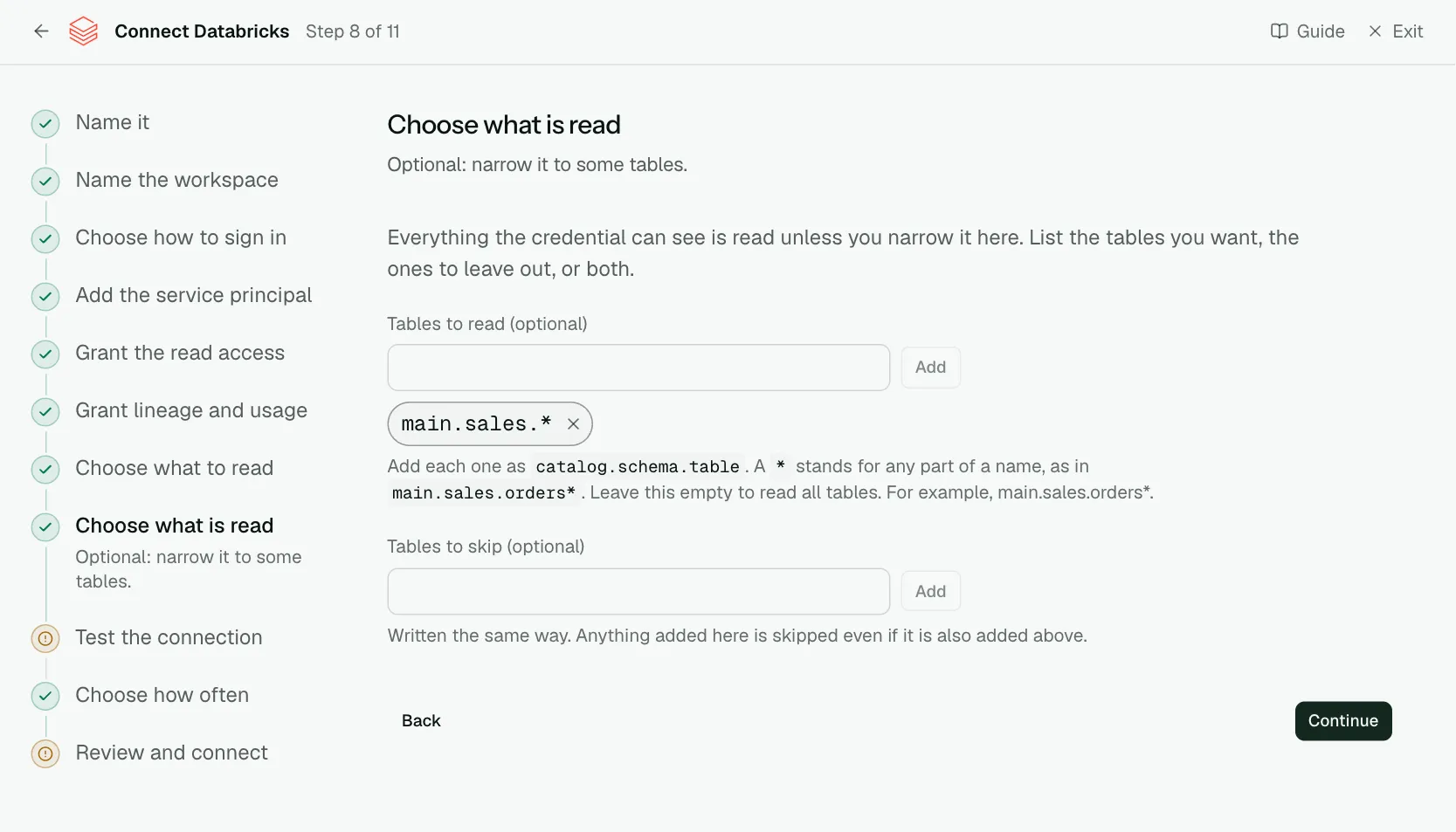 The "Choose what is read" step of the connect screen