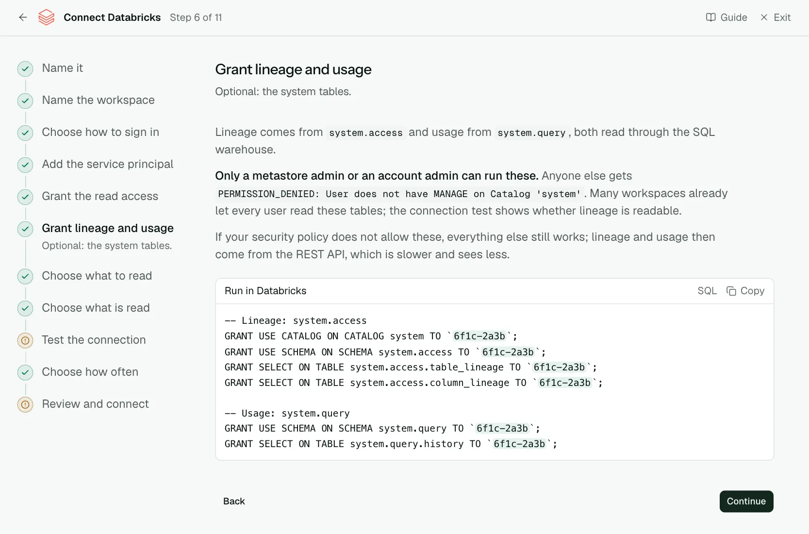 The "Grant lineage and usage" step of the connect screen
