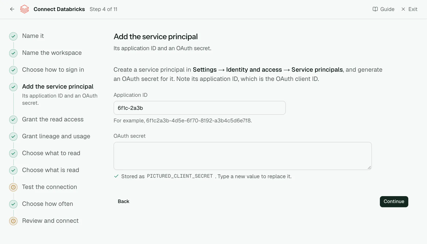 The "Add the service principal" step of the connect screen