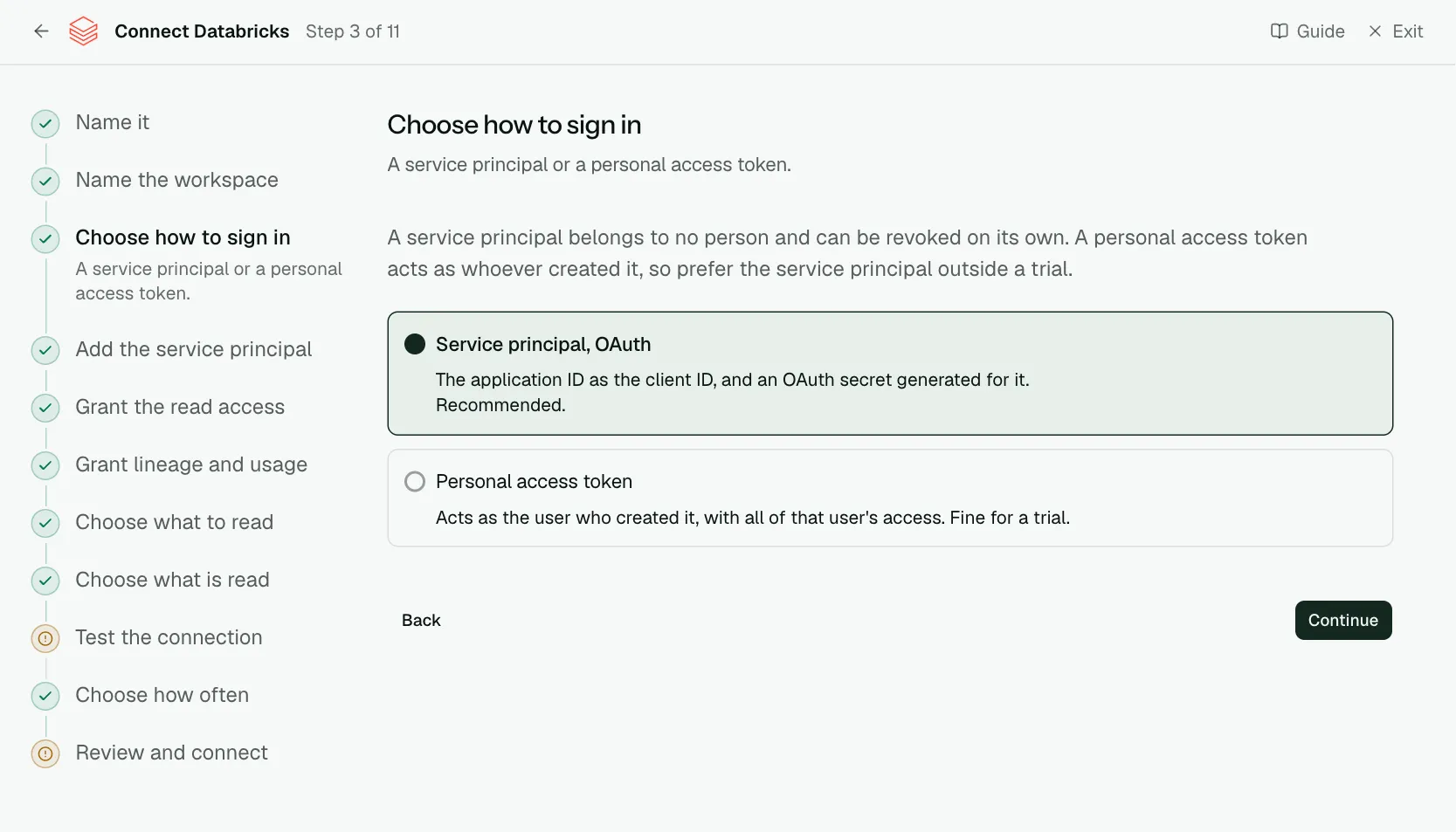 The "Choose how to sign in" step of the connect screen
