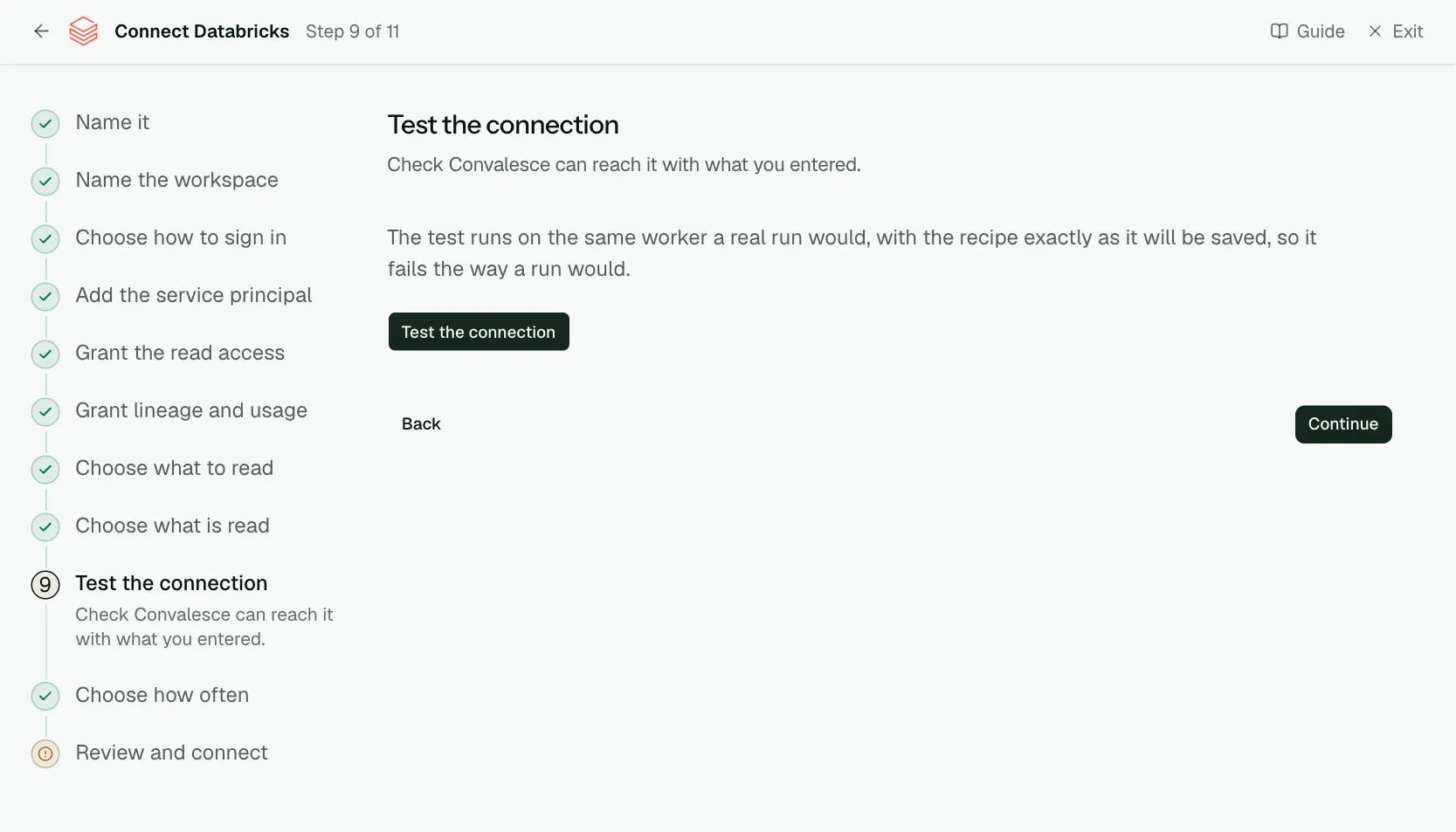 The "Test the connection" step of the connect screen