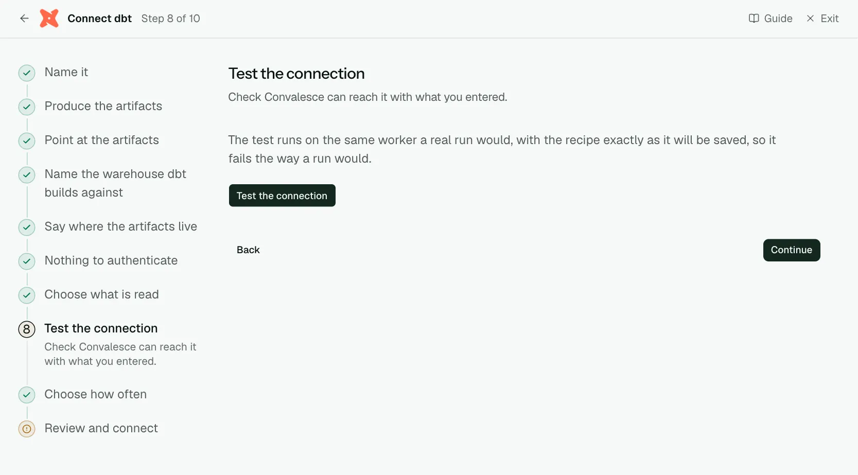 The "Test the connection" step of the connect screen