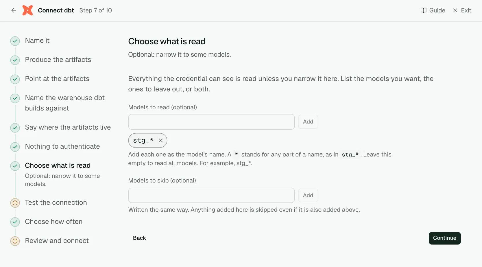 The "Choose what is read" step of the connect screen