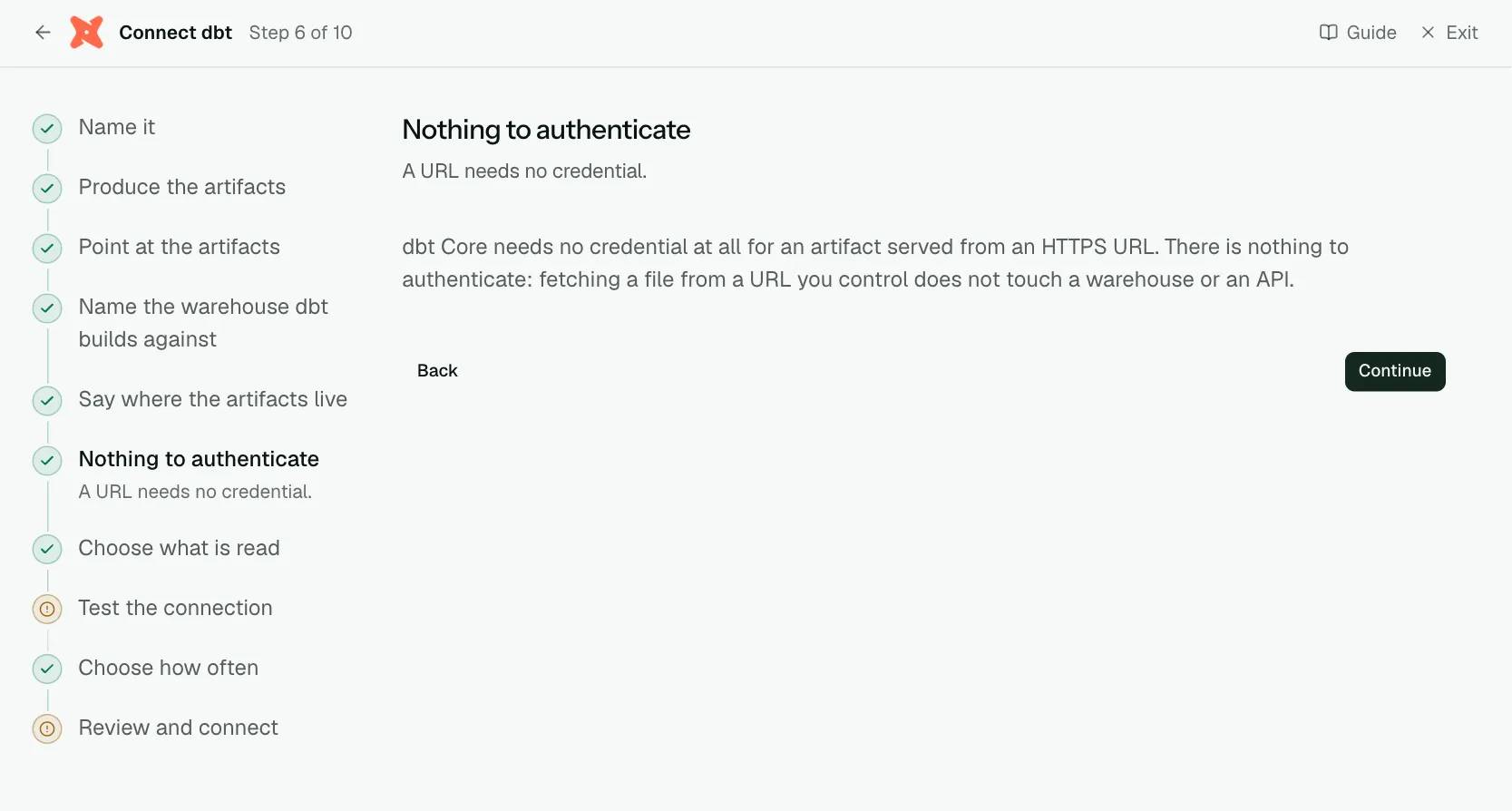 The "Nothing to authenticate" step of the connect screen