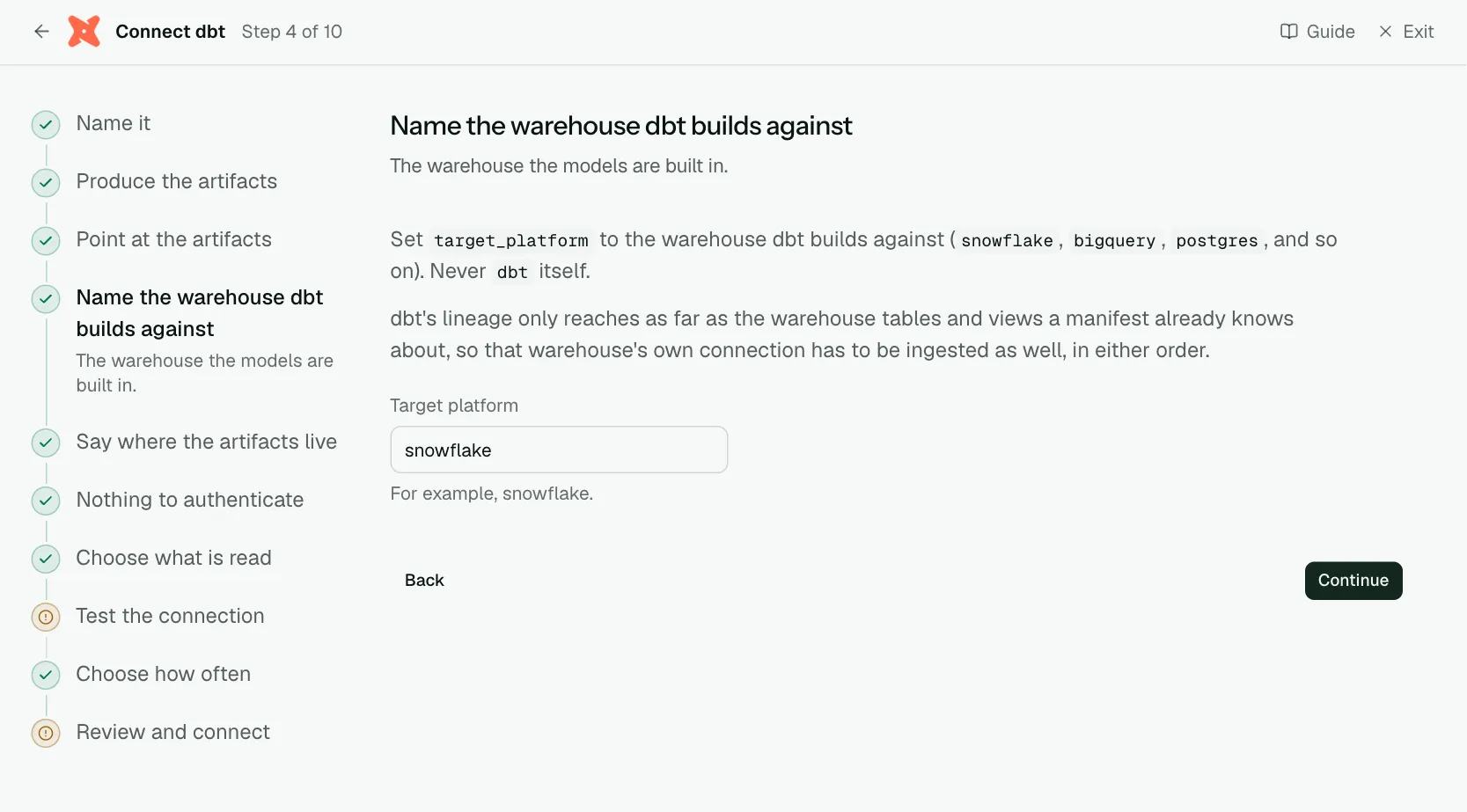 The "Name the warehouse dbt builds against" step of the connect screen