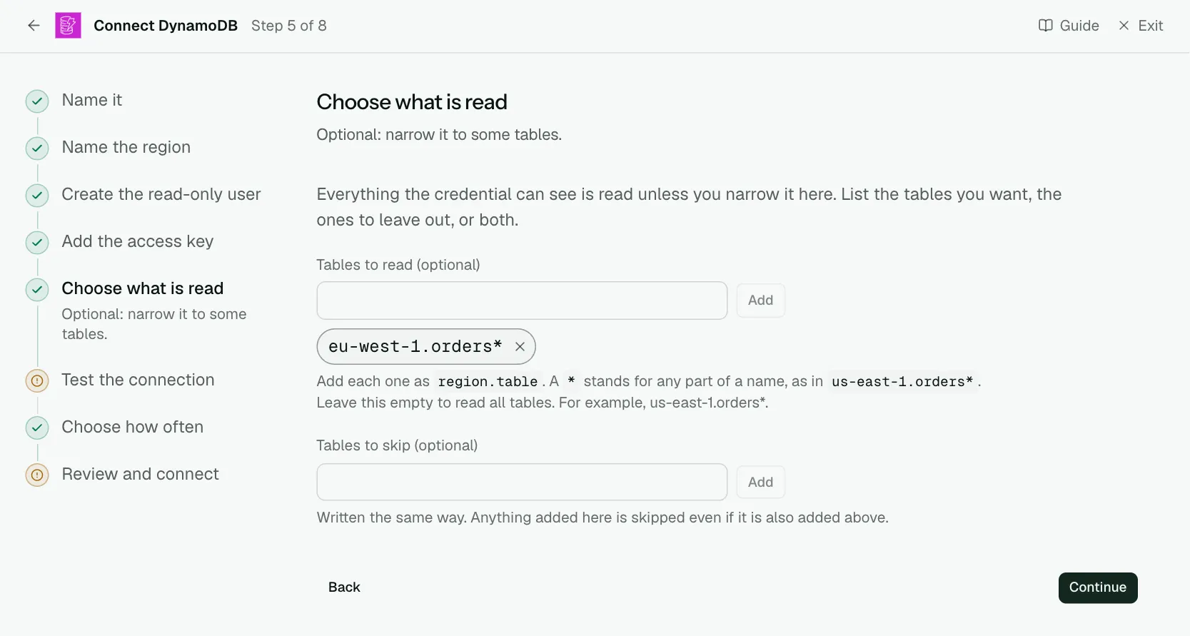 The "Choose what is read" step of the connect screen