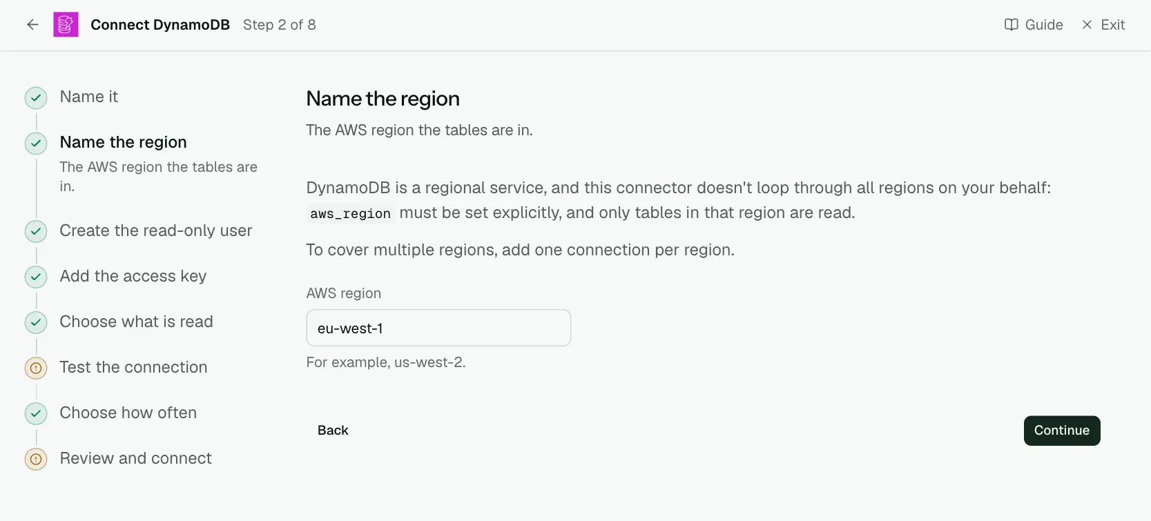 The "Name the region" step of the connect screen