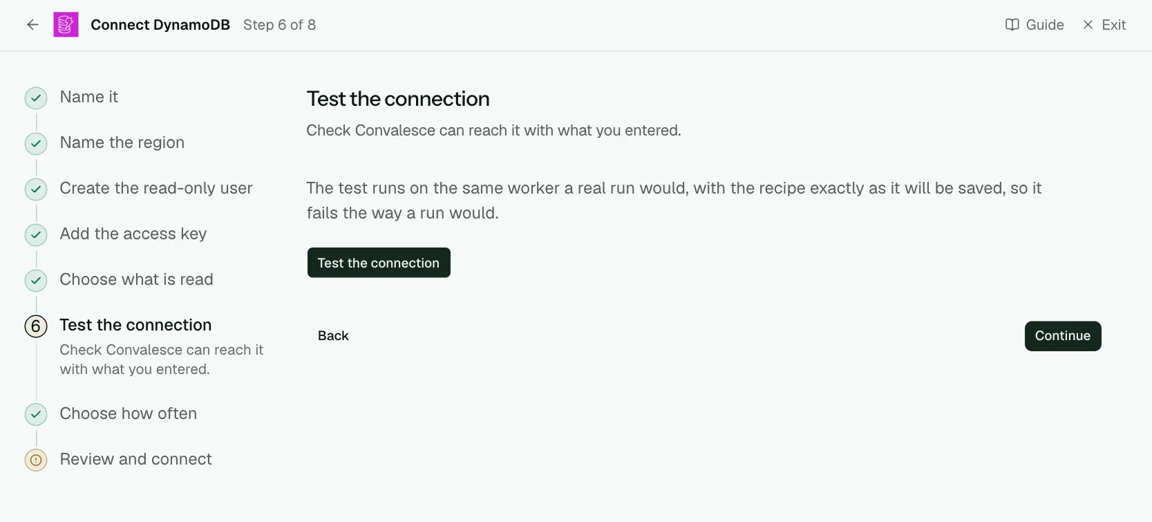 The "Test the connection" step of the connect screen