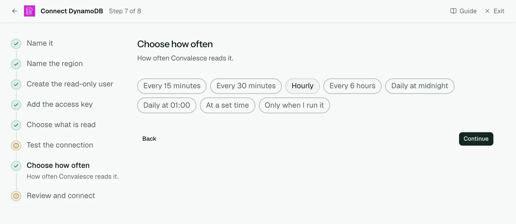 The "Choose how often" step of the connect screen