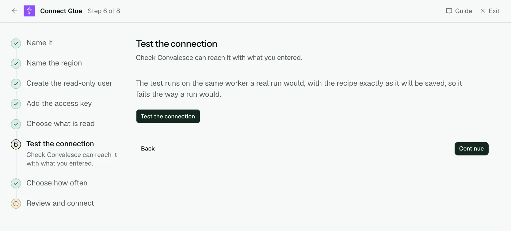 The "Test the connection" step of the connect screen
