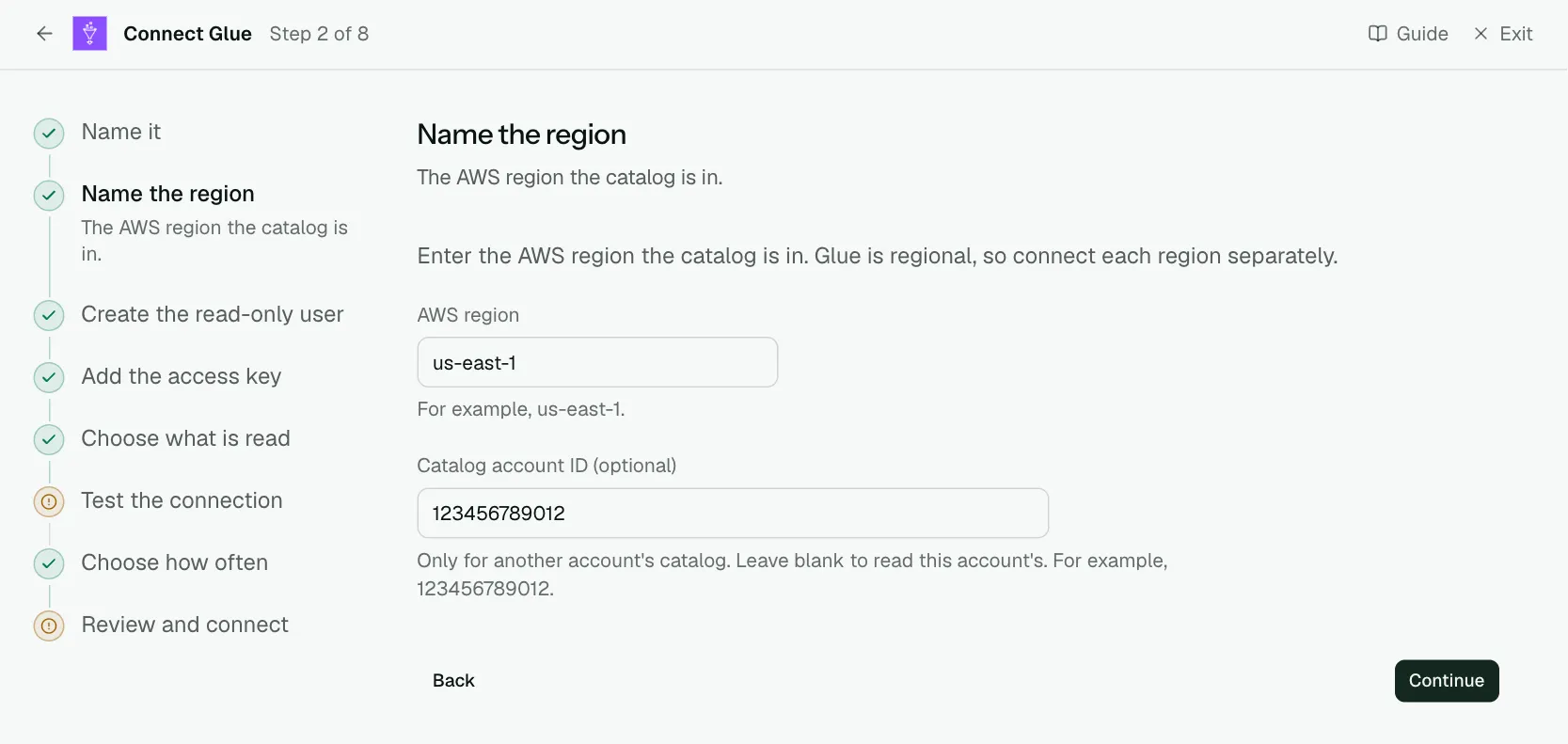 The "Name the region" step of the connect screen