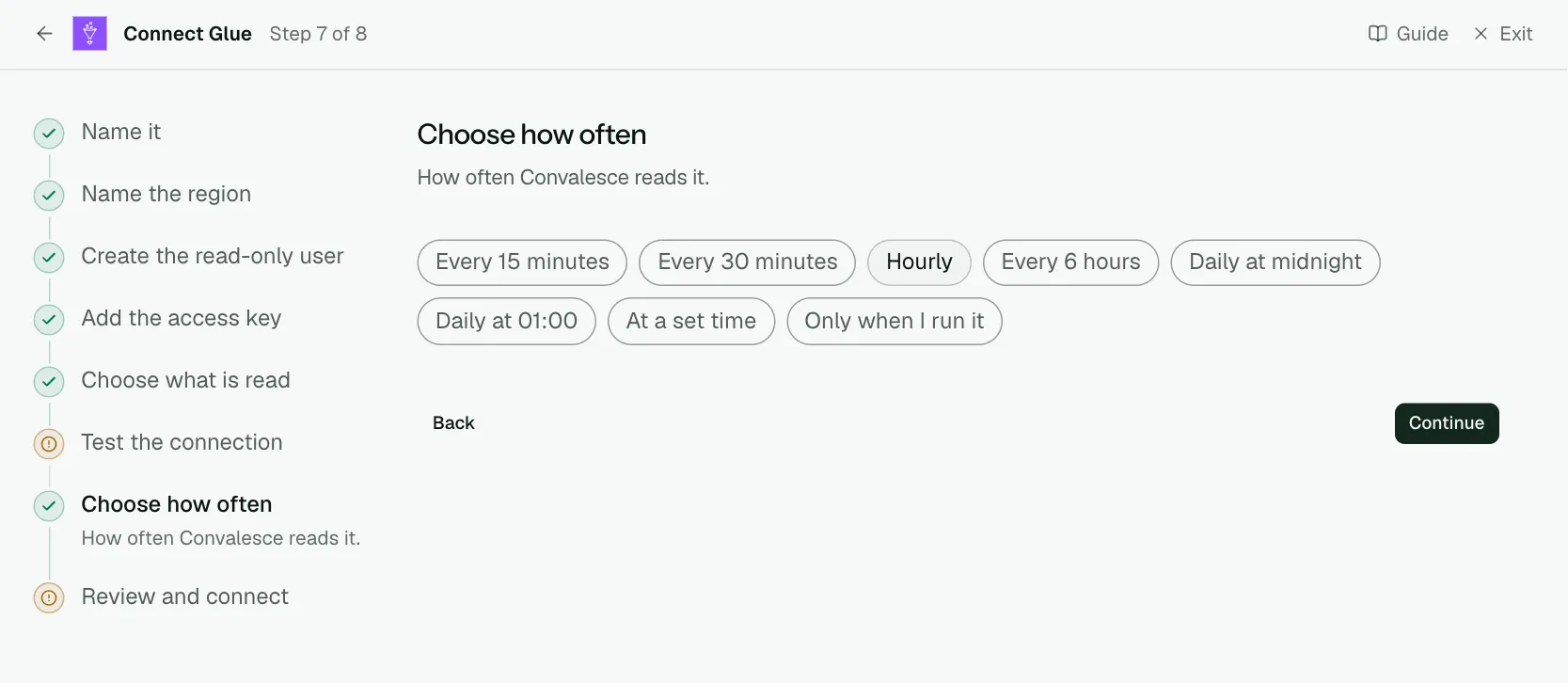 The "Choose how often" step of the connect screen