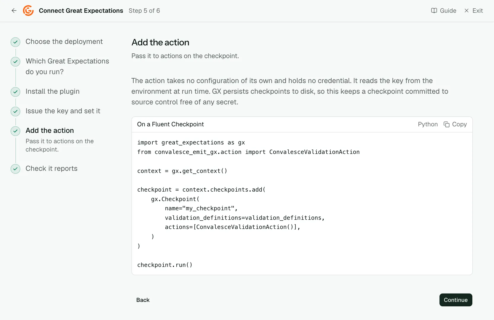 The "Add the action" step of the connect screen