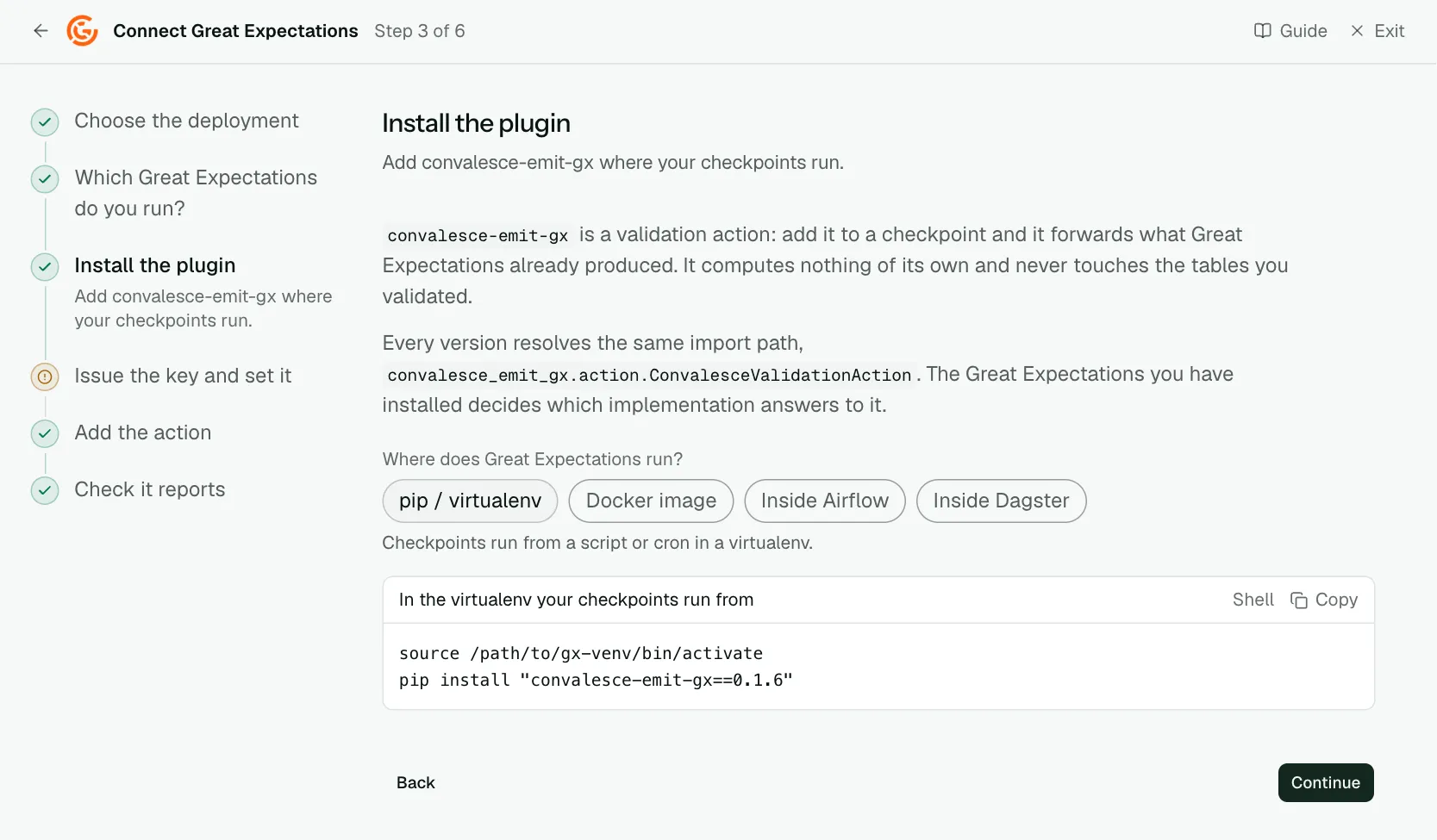 The "Install the plugin" step of the connect screen
