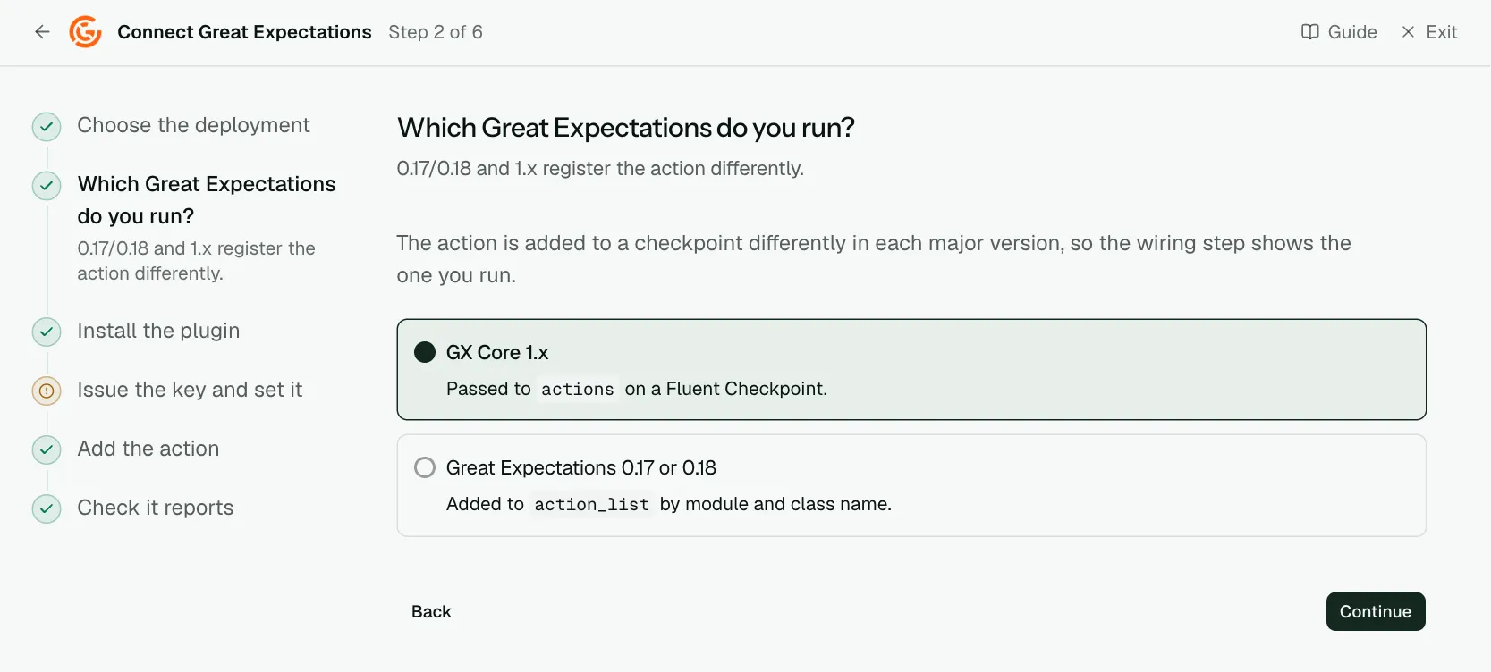 The "Which Great Expectations do you run?" step of the connect screen