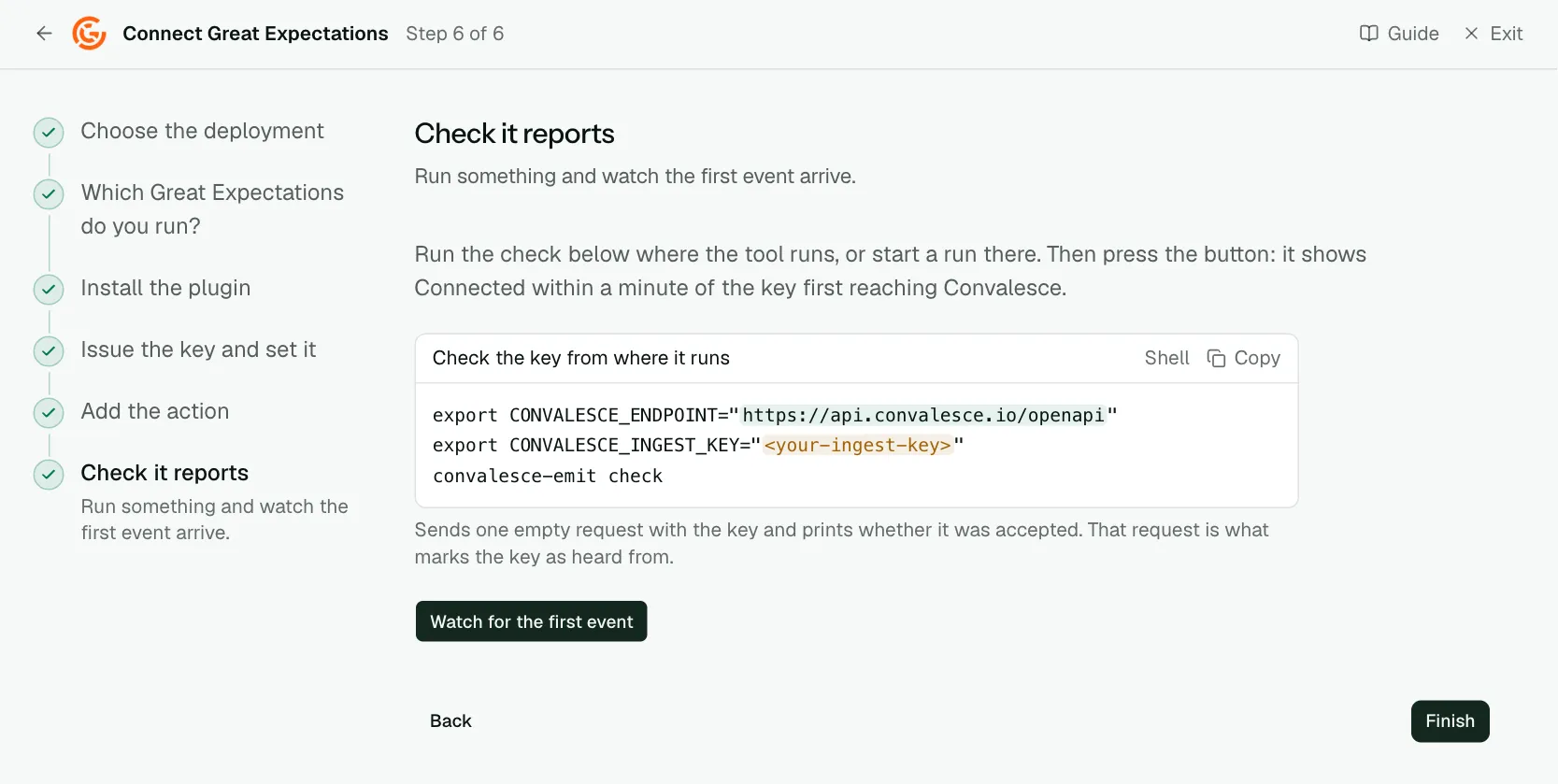 The "Check it reports" step of the connect screen