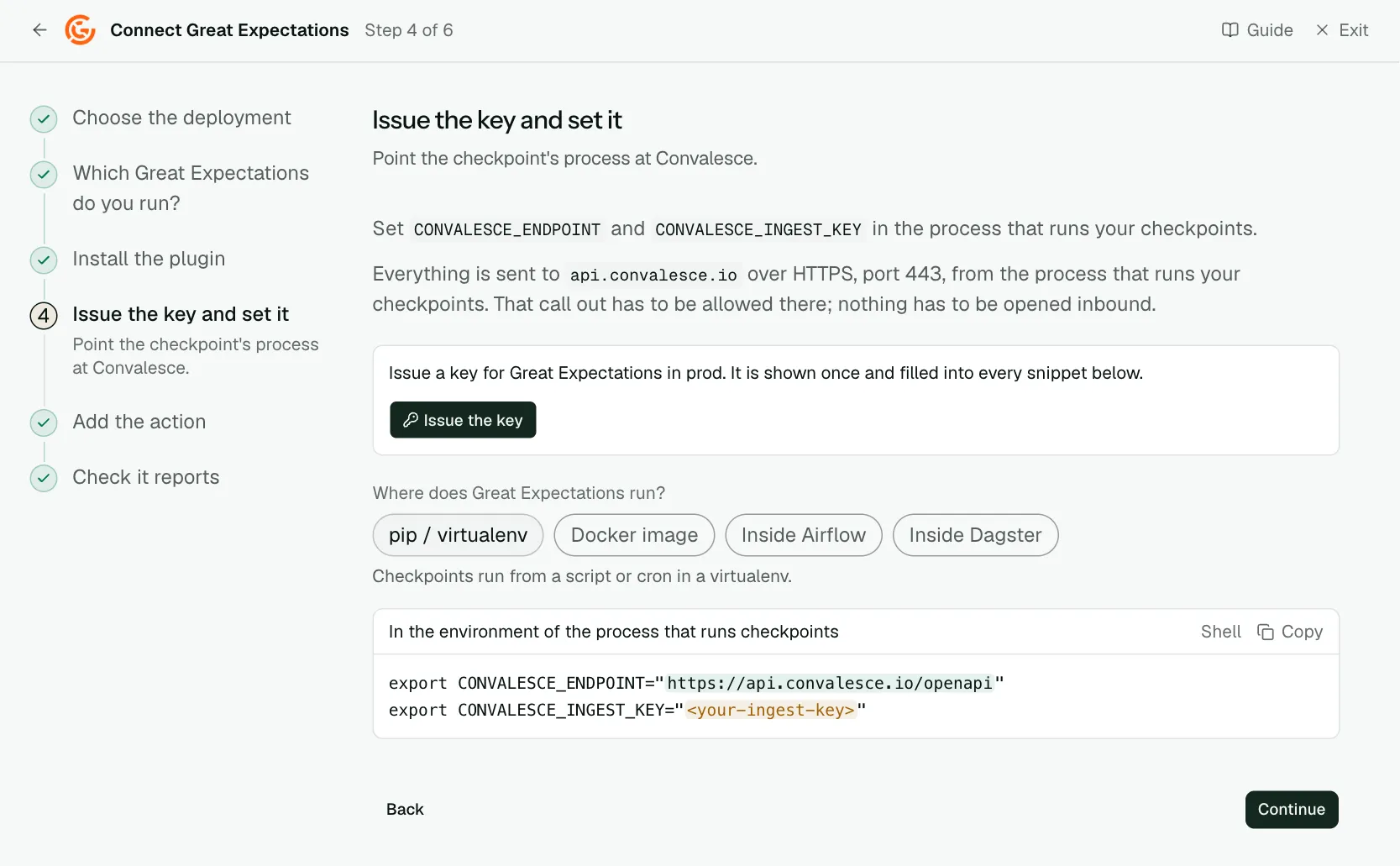The "Issue the key and set it" step of the connect screen