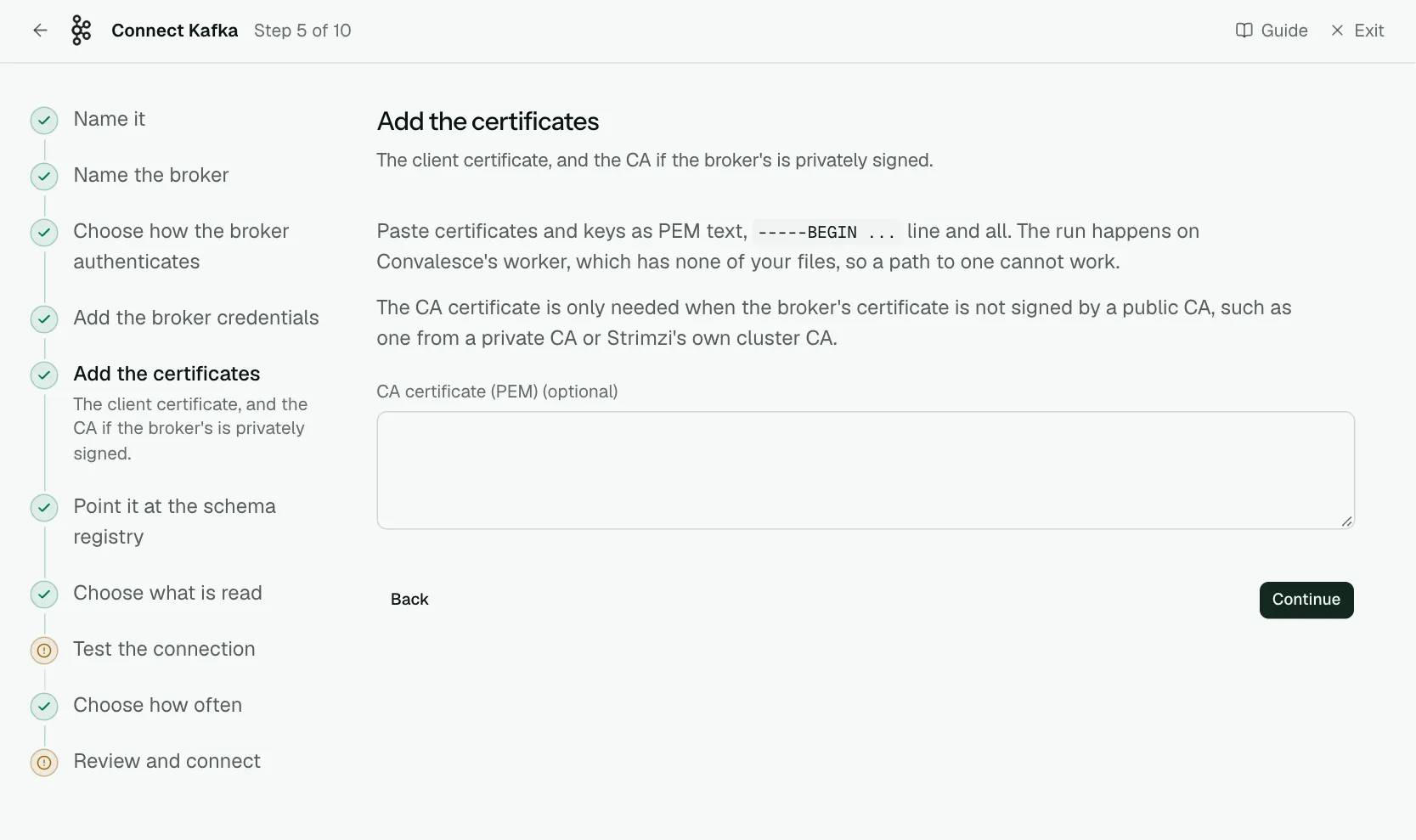 The "Add the certificates" step of the connect screen