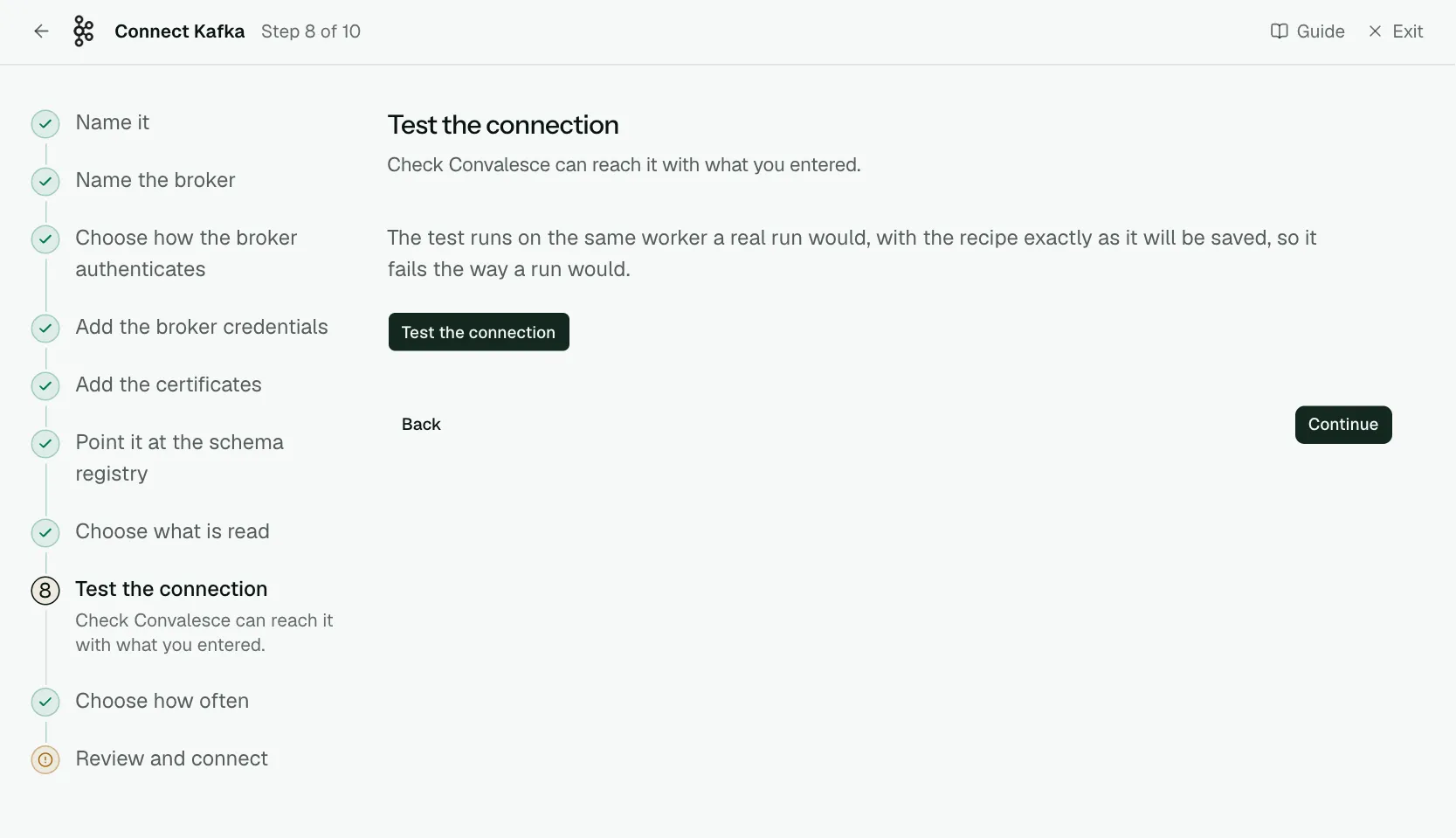 The "Test the connection" step of the connect screen