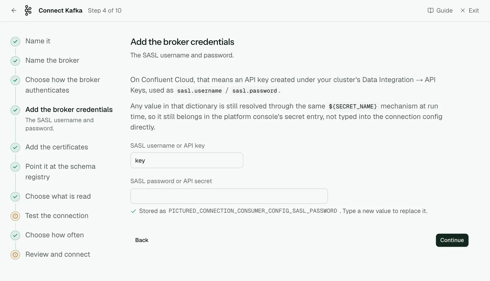 The "Add the broker credentials" step of the connect screen