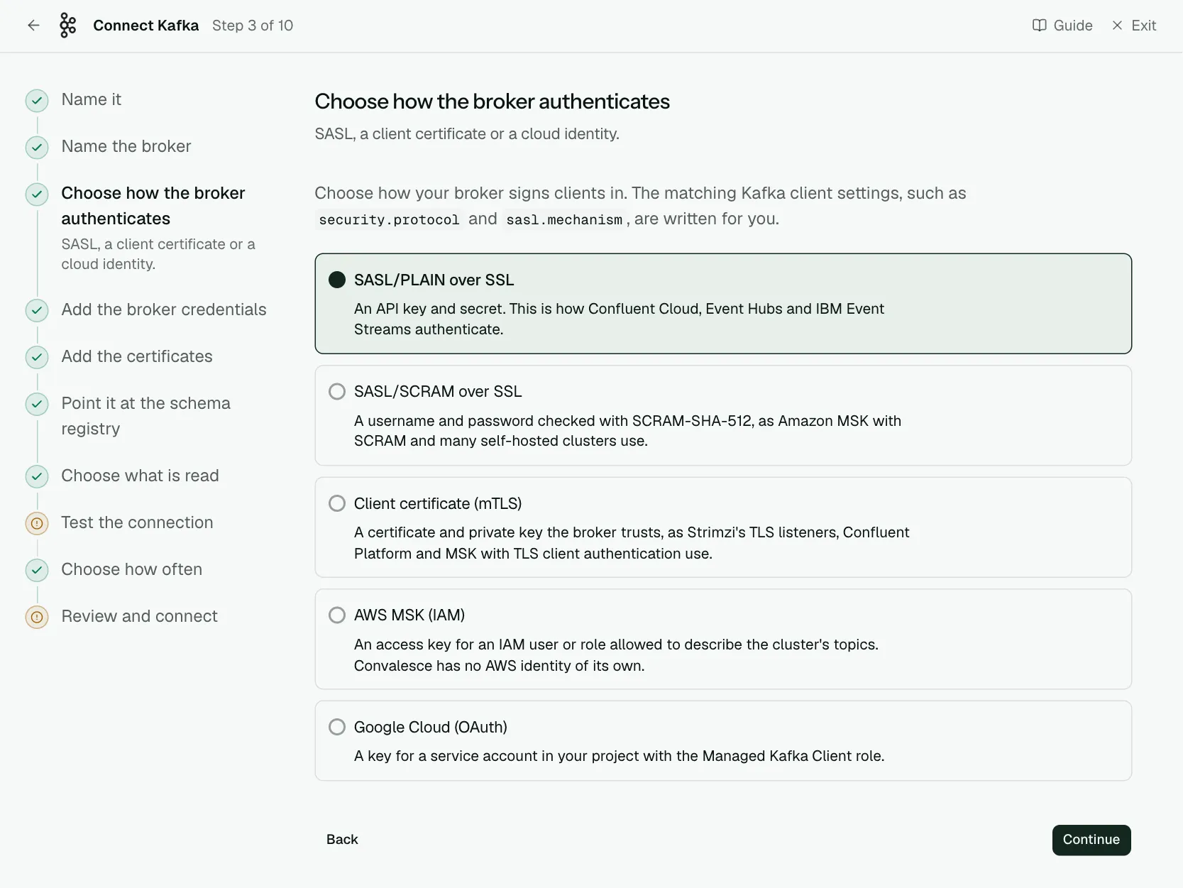 The "Choose how the broker authenticates" step of the connect screen