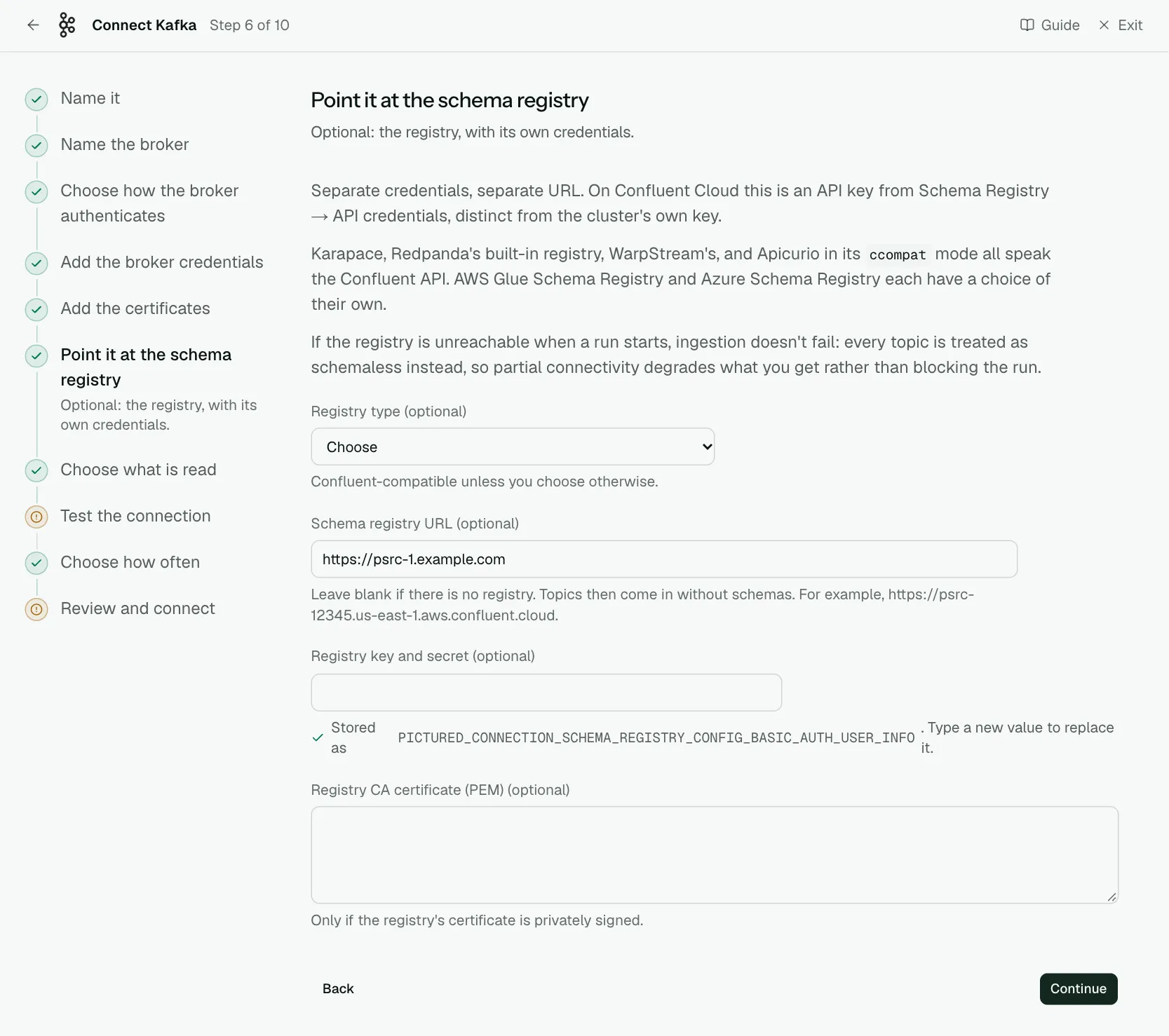 The "Point it at the schema registry" step of the connect screen