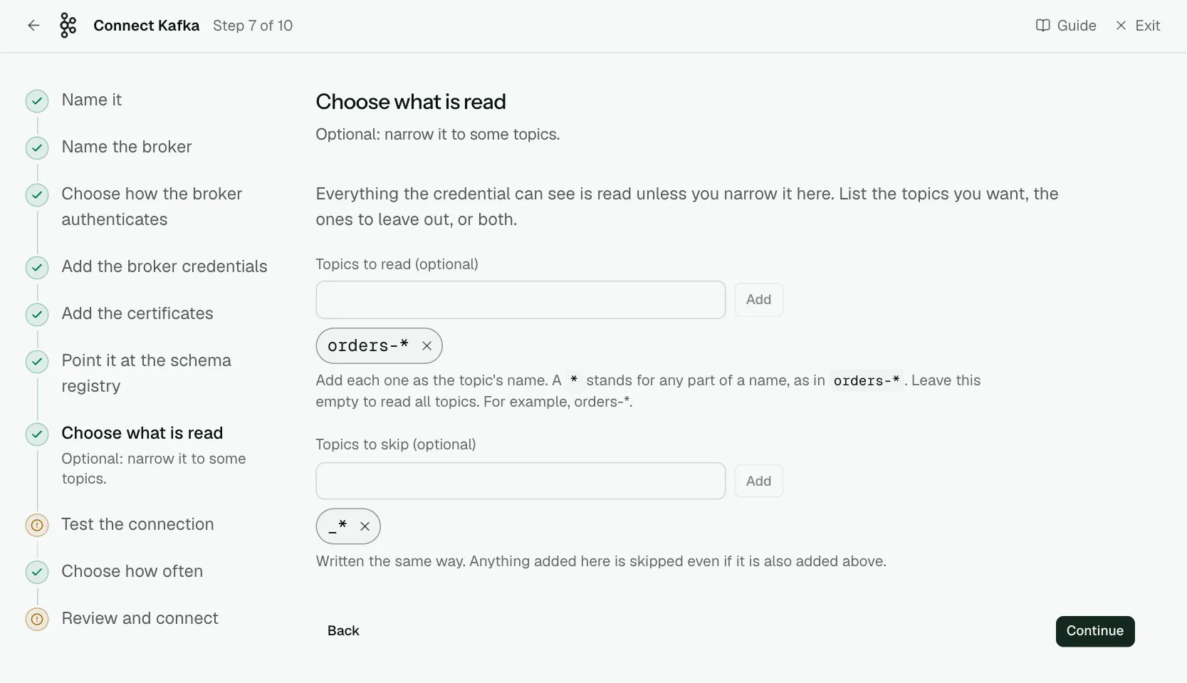The "Choose what is read" step of the connect screen