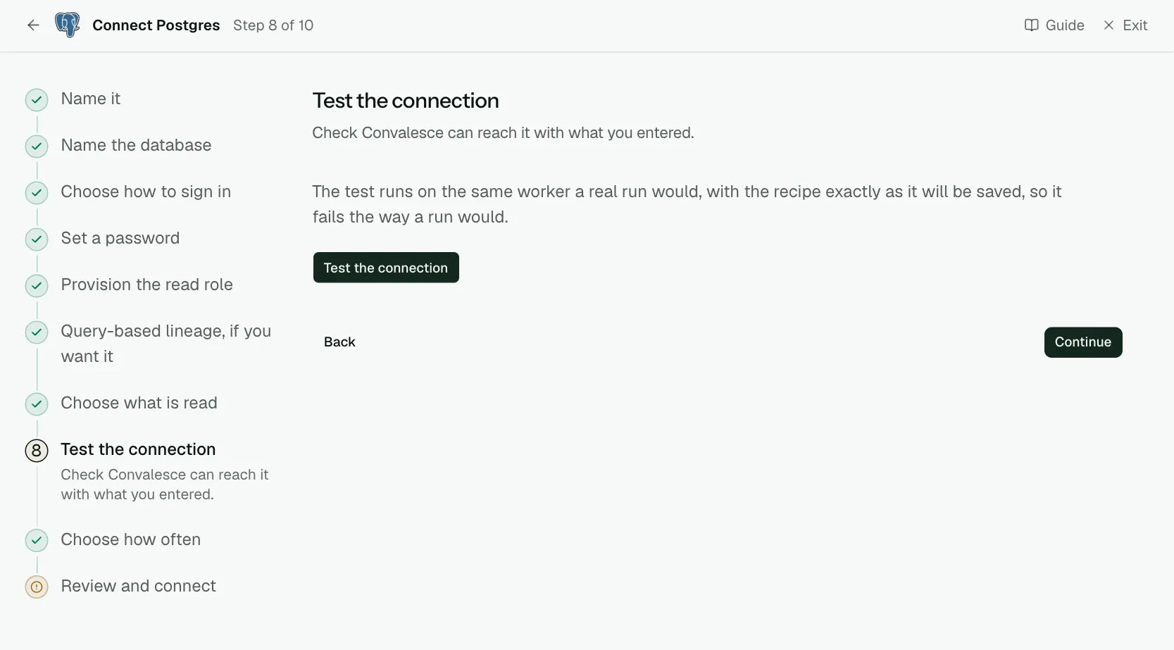 The "Test the connection" step of the connect screen