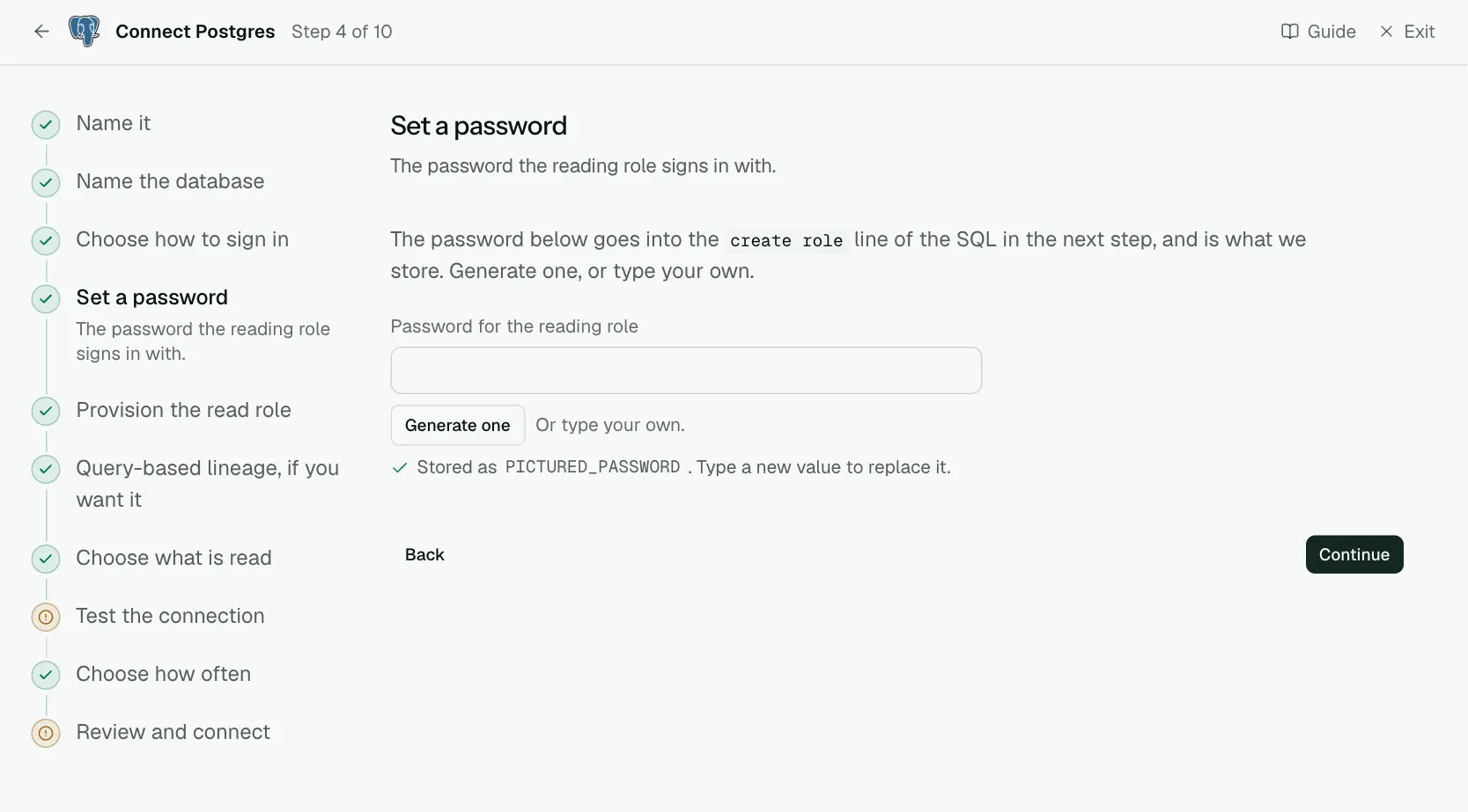 The "Set a password" step of the connect screen