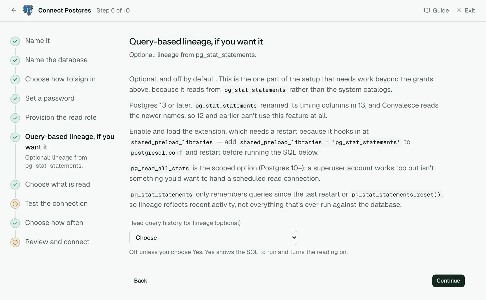 The "Query-based lineage, if you want it" step of the connect screen
