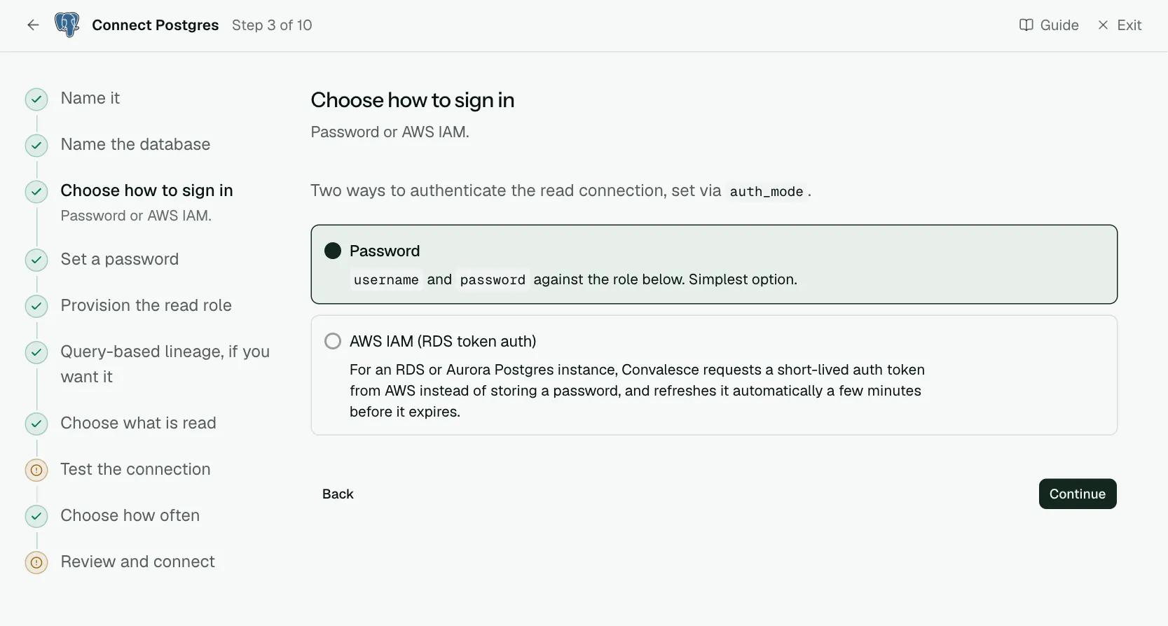 The "Choose how to sign in" step of the connect screen