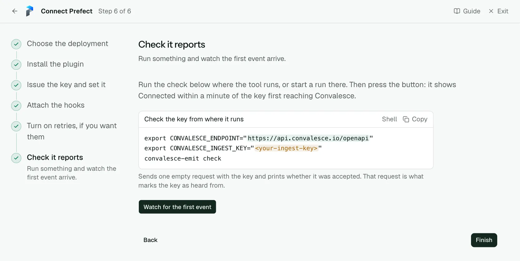 The "Check it reports" step of the connect screen
