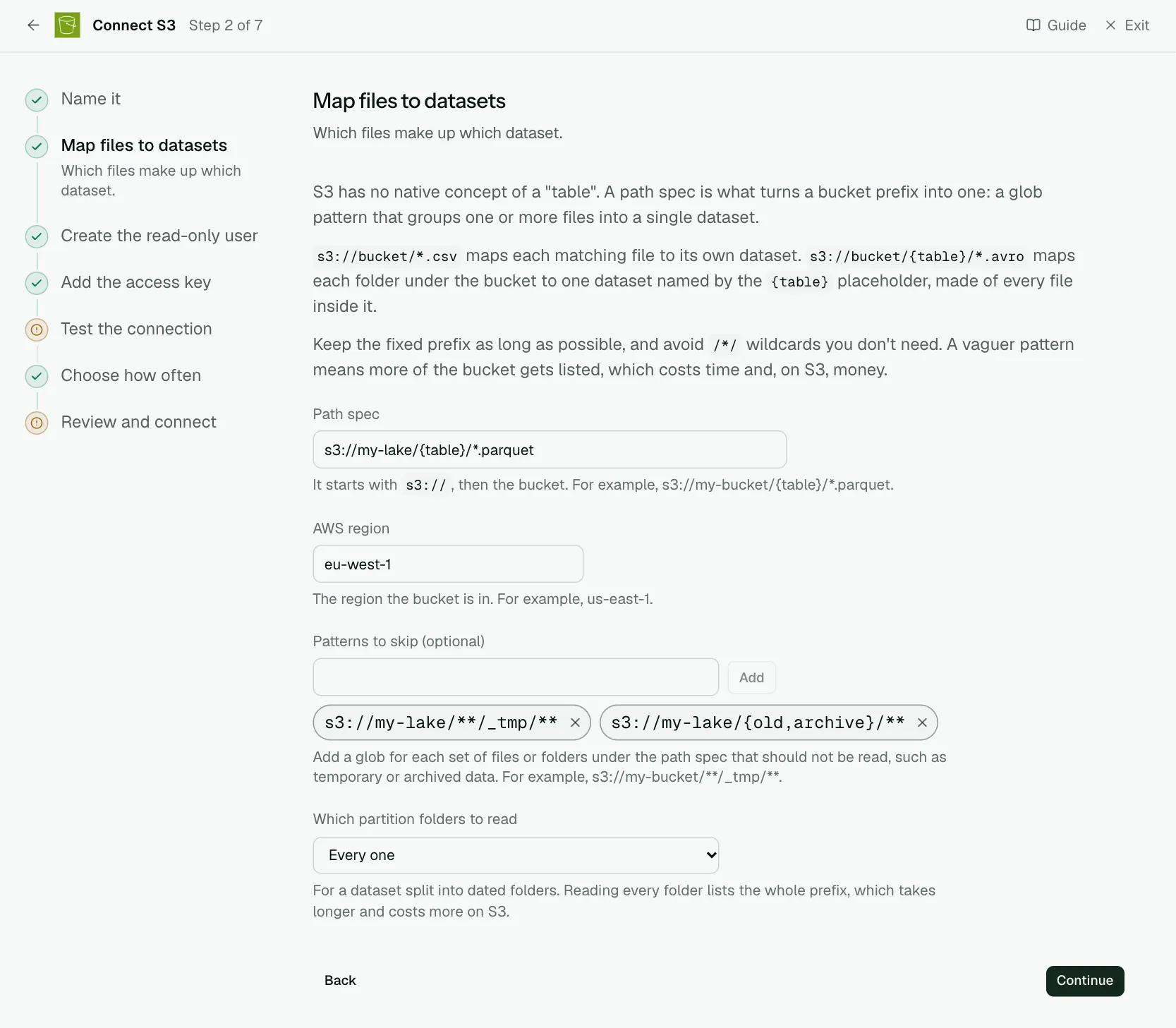 The "Map files to datasets" step of the connect screen