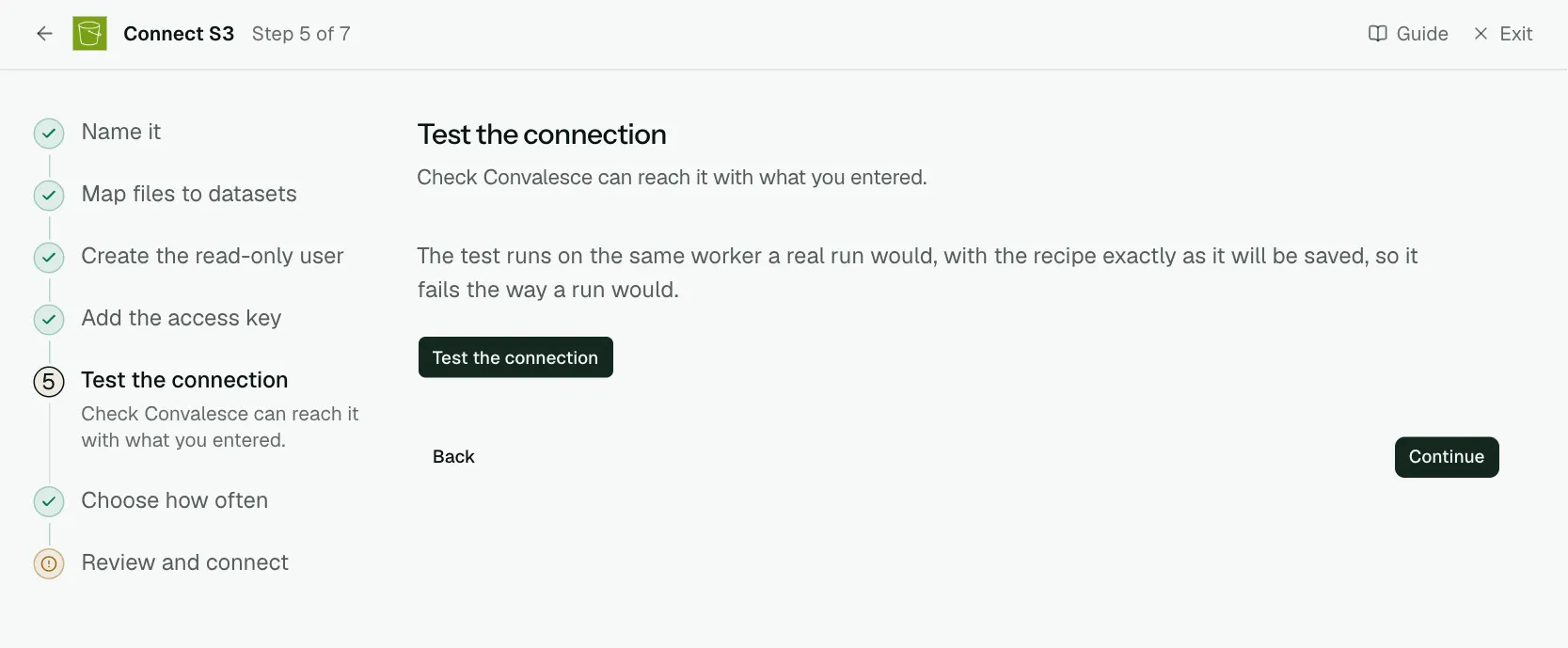 The "Test the connection" step of the connect screen
