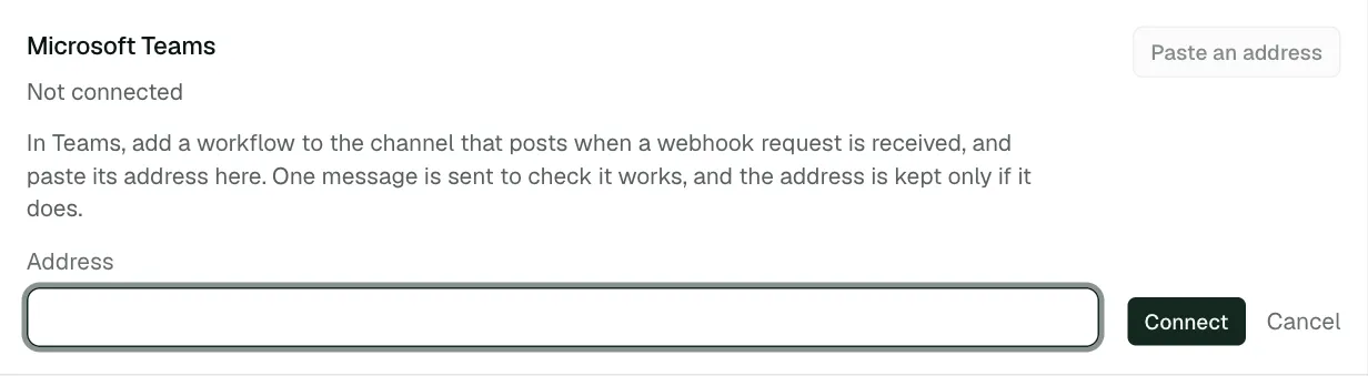The Microsoft Teams row with the Address box open