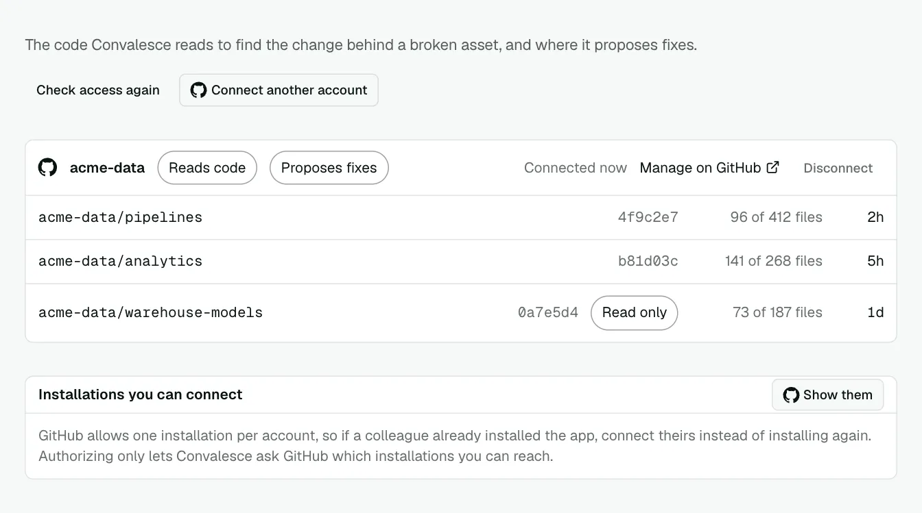 Repositories, with one connected account and its three repositories