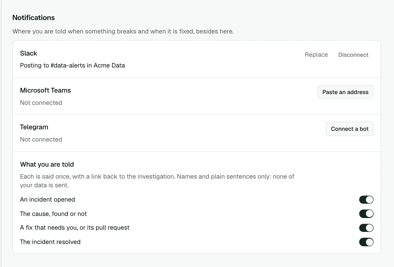 Notifications on Settings, with the Slack row posting to #data-alerts