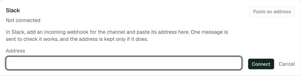 The Slack row with the Address box open
