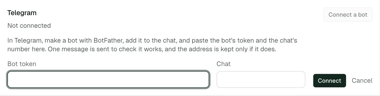 The Telegram row with the Bot token and Chat boxes open
