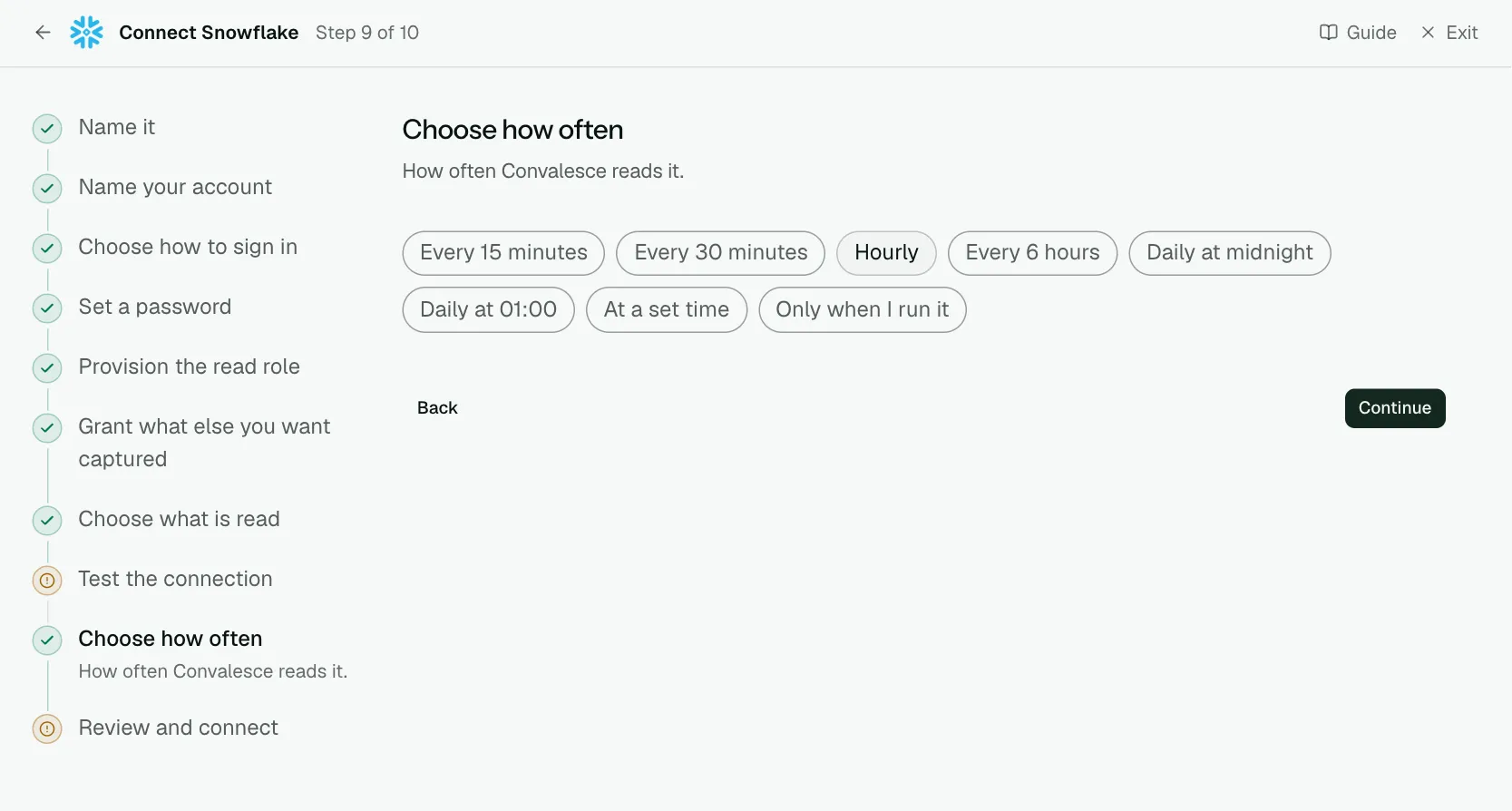 The "Choose how often" step of the connect screen