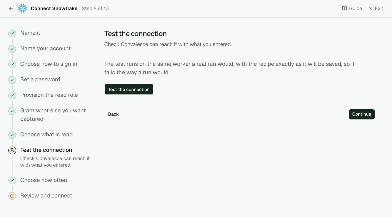 The "Test the connection" step of the connect screen