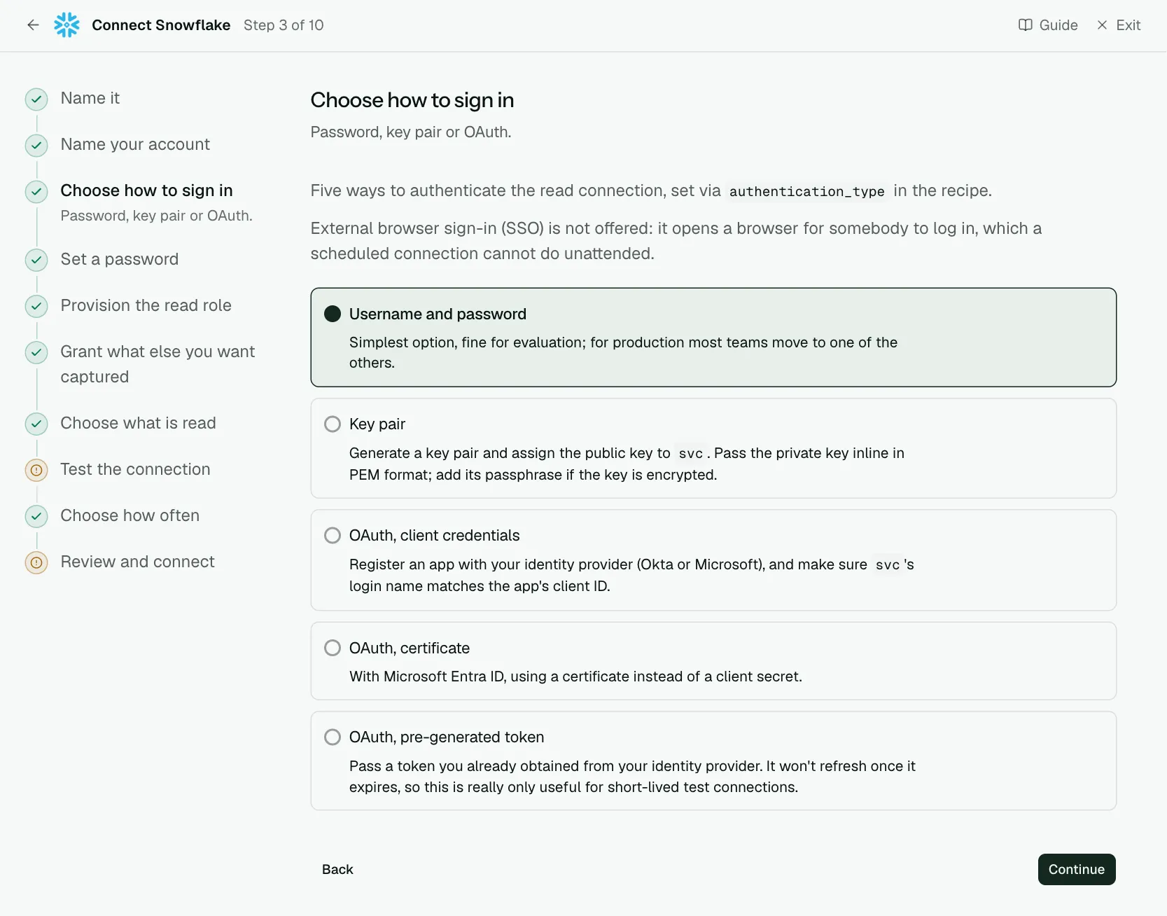 The "Choose how to sign in" step of the connect screen