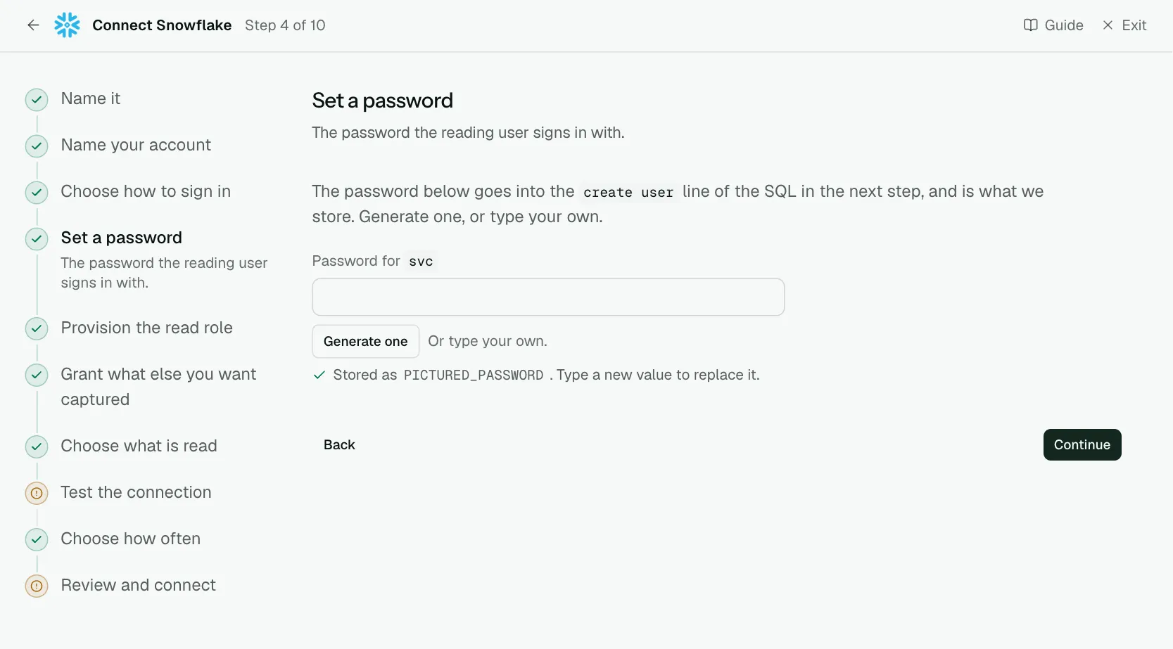 The "Set a password" step of the connect screen