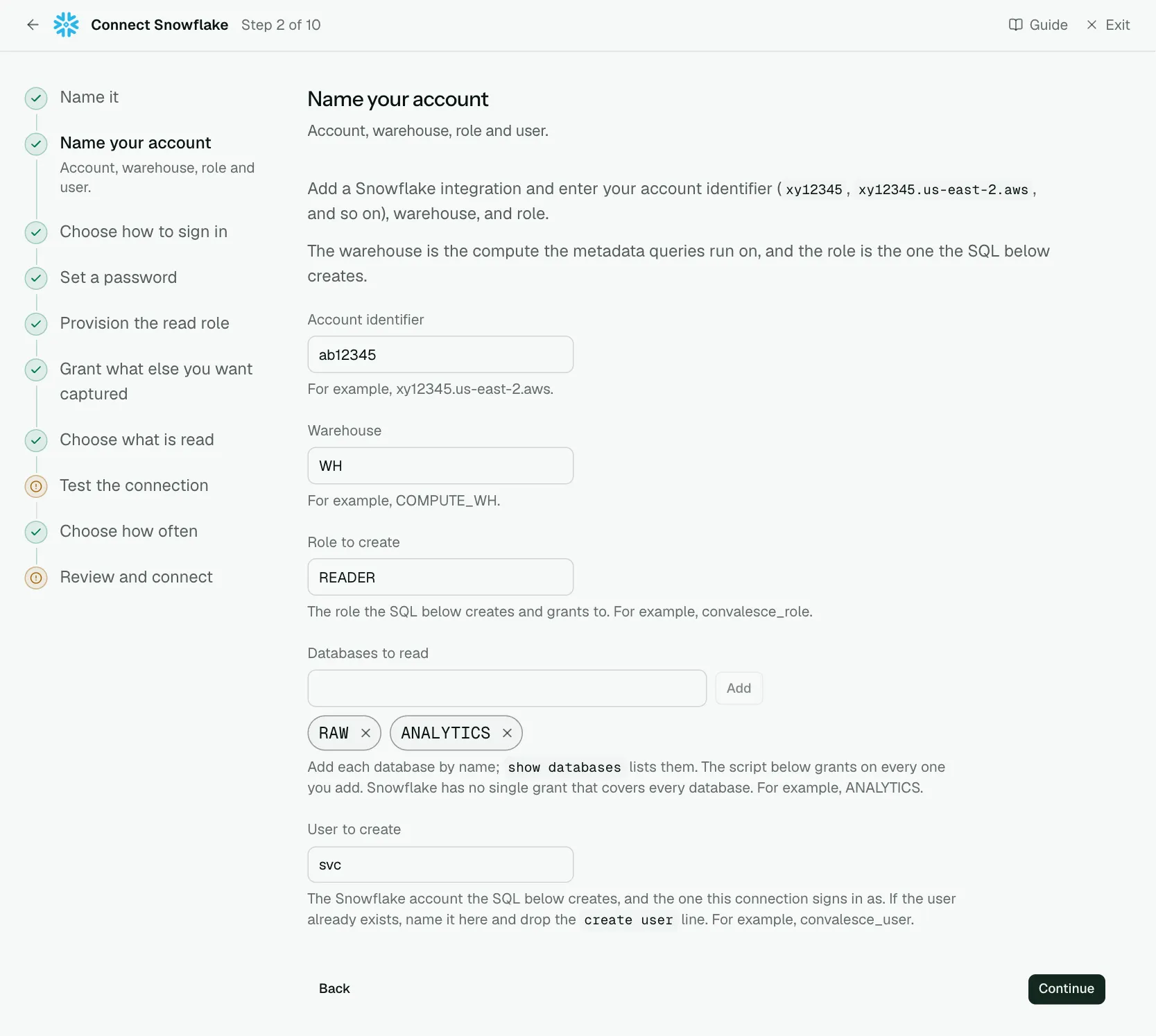 The "Name your account" step of the connect screen