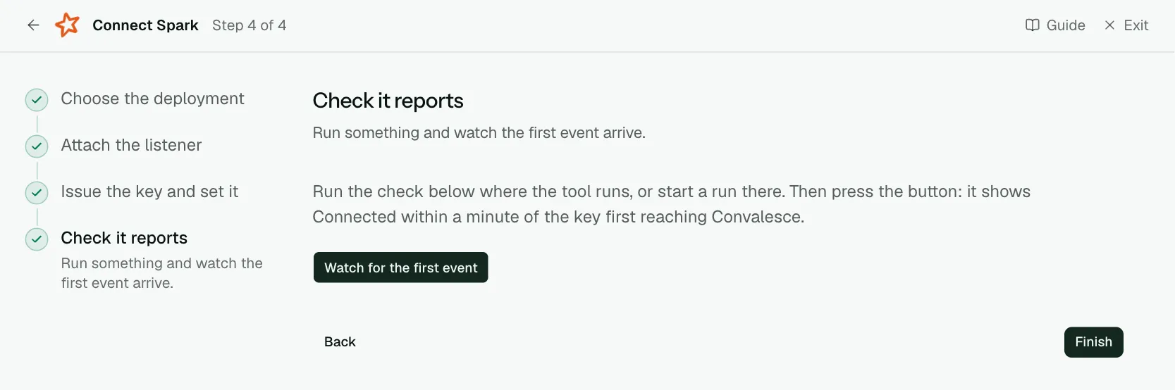 The "Check it reports" step of the connect screen