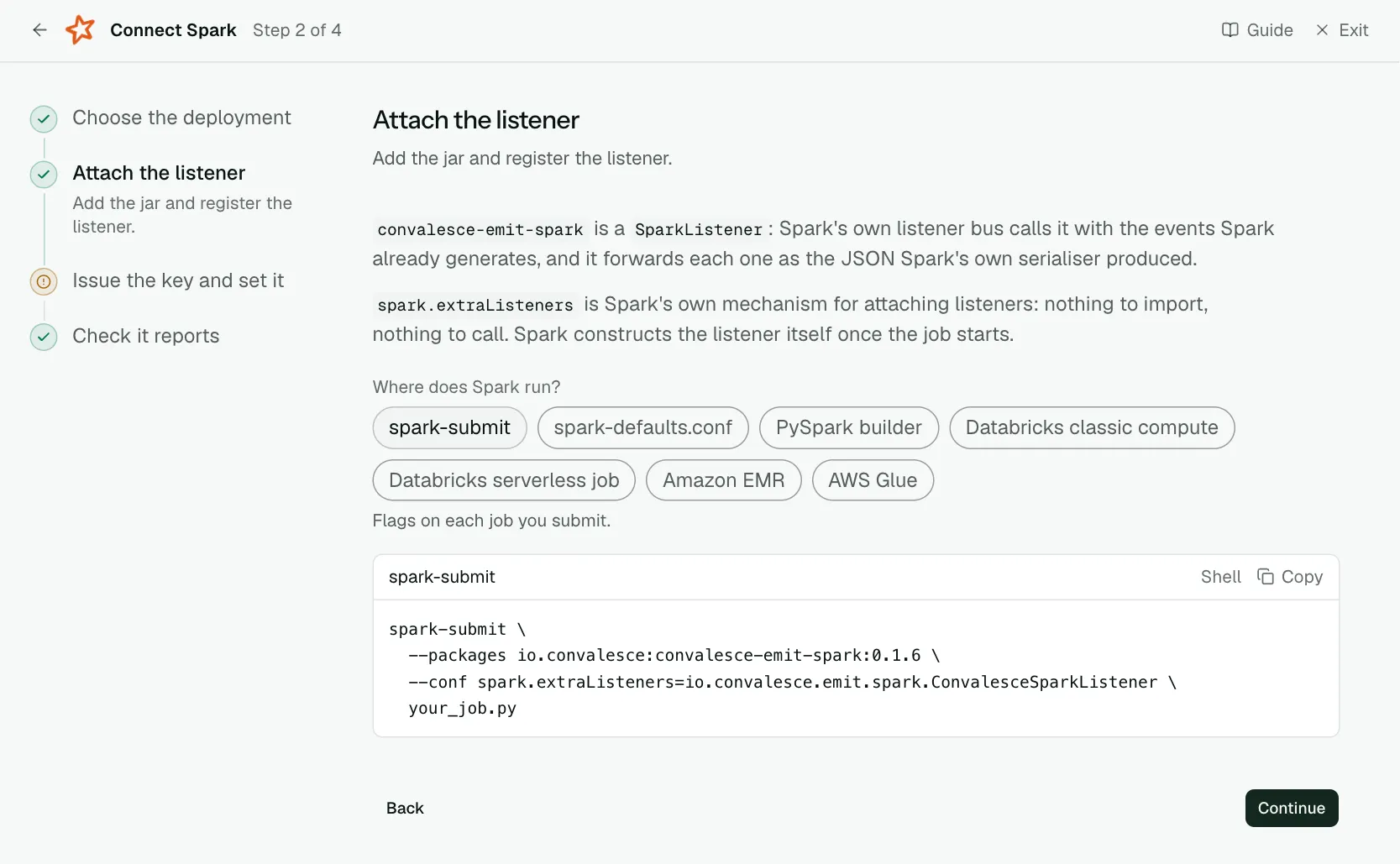 The "Attach the listener" step of the connect screen