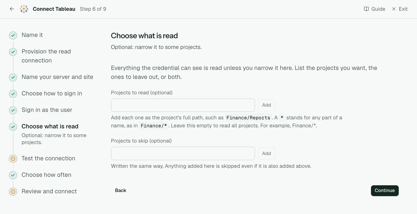 The "Choose what is read" step of the connect screen
