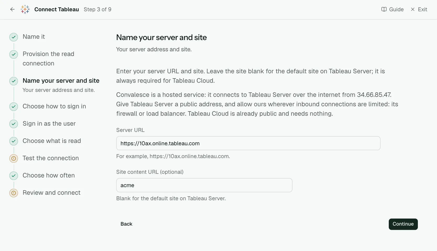 The "Name your server and site" step of the connect screen